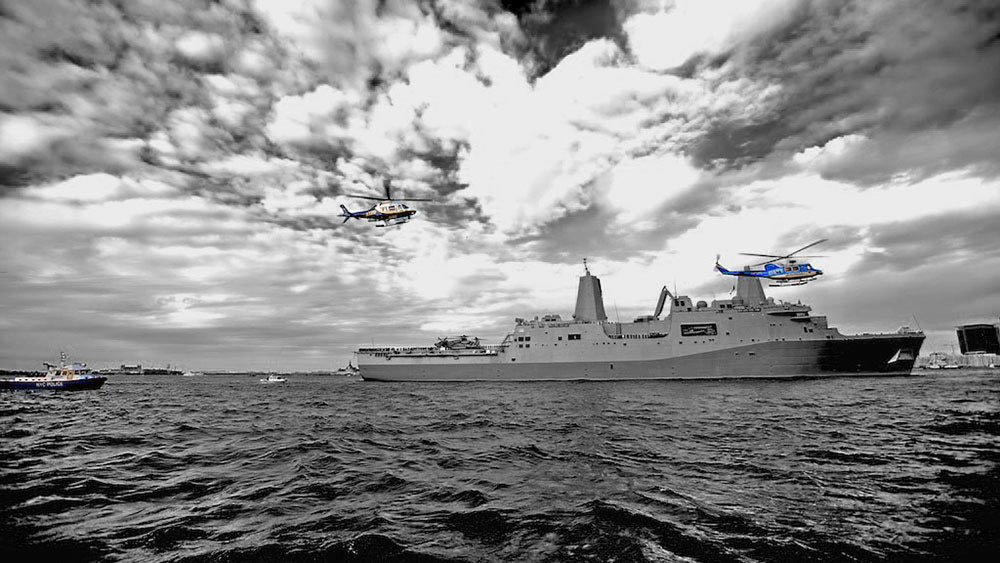NYPD Aviation and Harbor escort USS New York into NY Harbor for the first time (dramatic B&W effect)