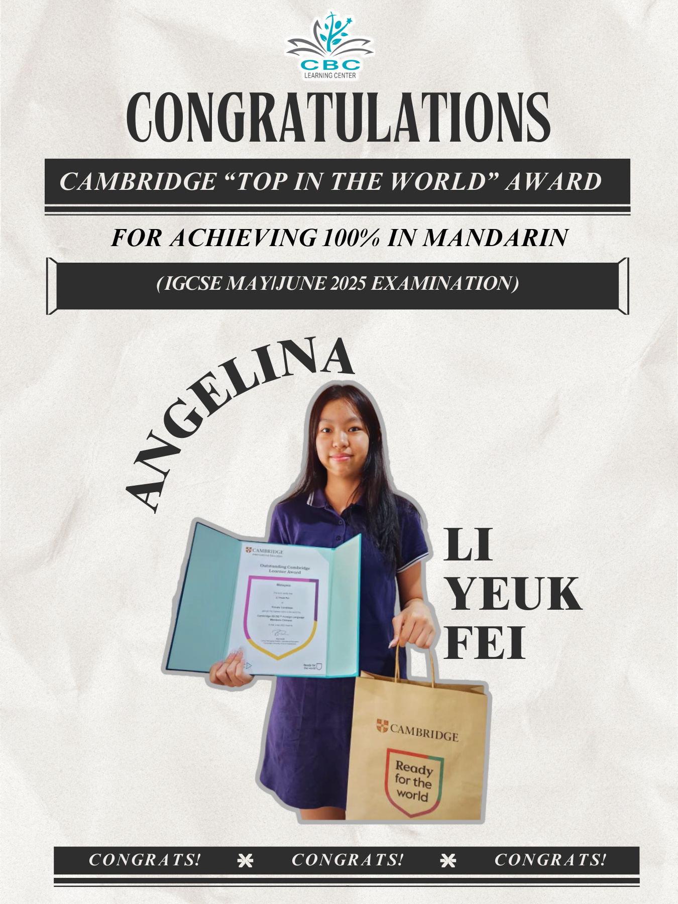 Top in the World Cambridge Mandarin IGCSE Awards of CBC Learning Center (IOI)