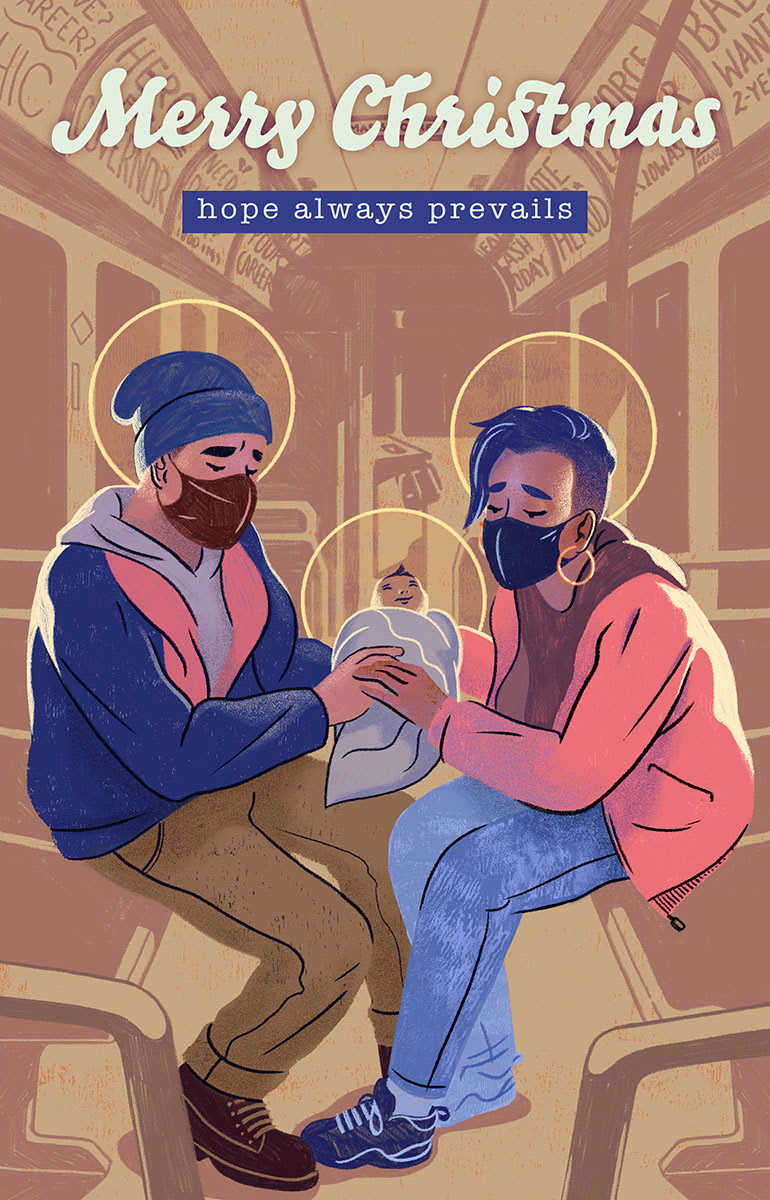 A Christmas card design featuring a modern day Joseph, Mary, and newborn Jesus riding in a New York City subway car.