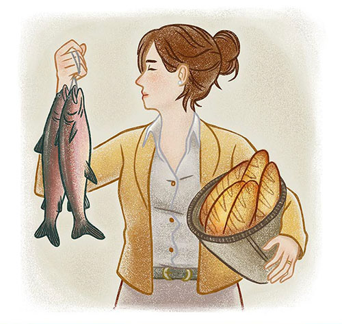 Spot illustration of main character holding loaves of bread and two fish.