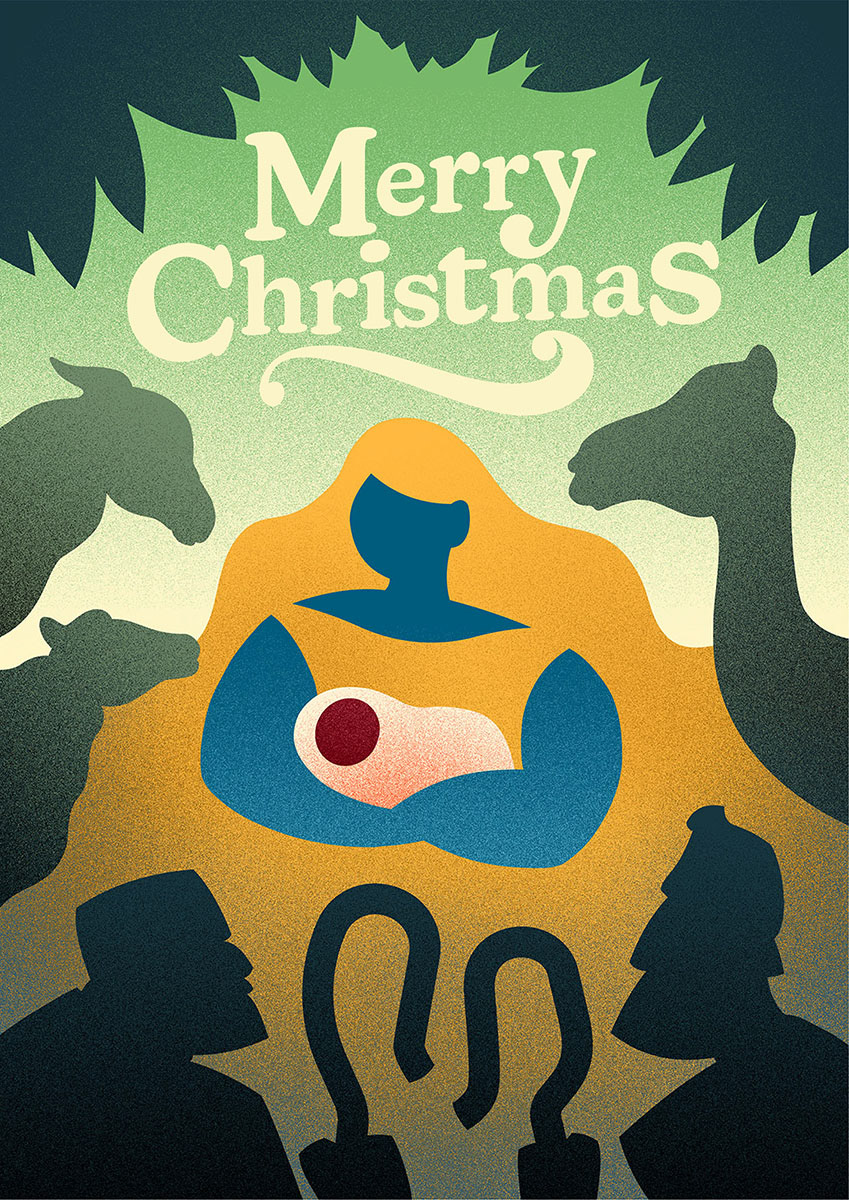 Another design for Christmas featuring Mary, newborn Jesus, shepherds, and traditional nativity wildlife.