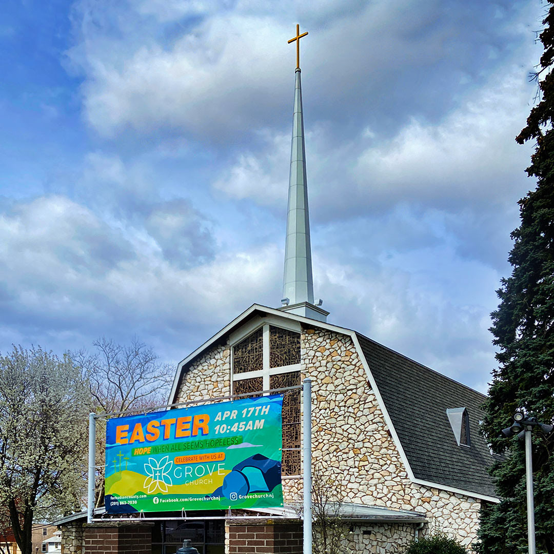 A photo from outside of Grove's church's banner.