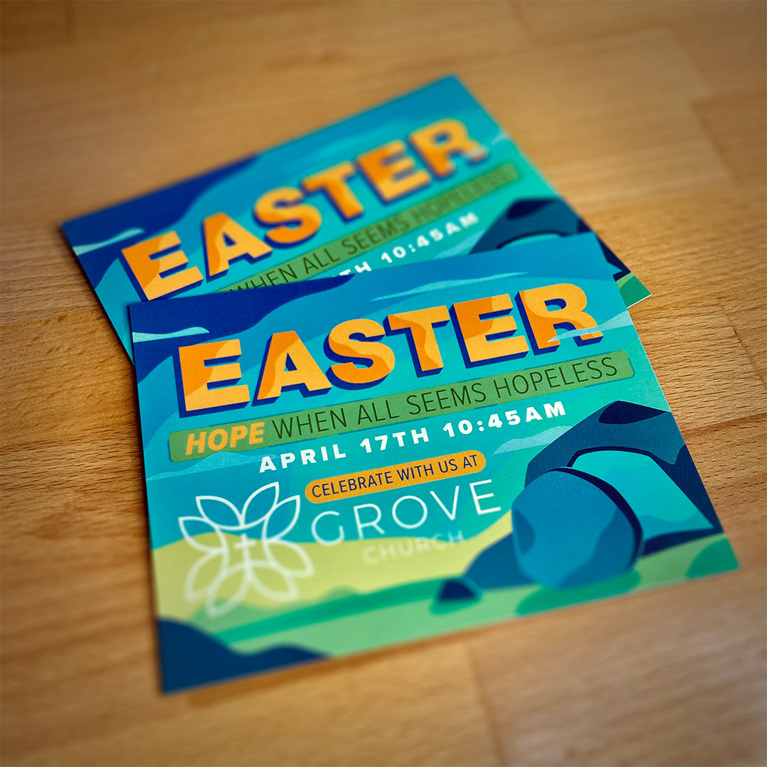 A photo of Grove's Easter 2022 postcard invite.