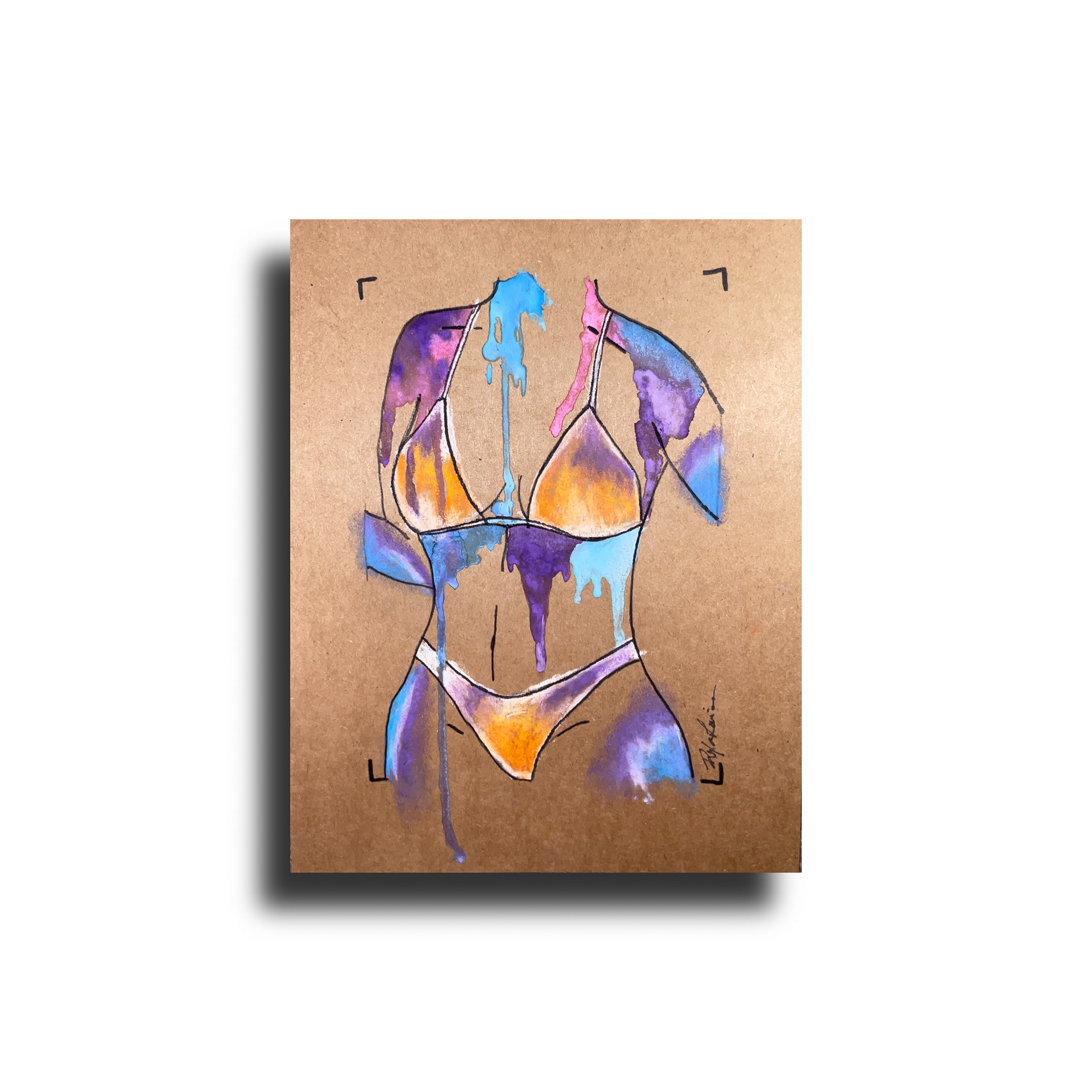 "Bawdy II" 8.5 x 11" Watercolor and Chalk on Brown Card