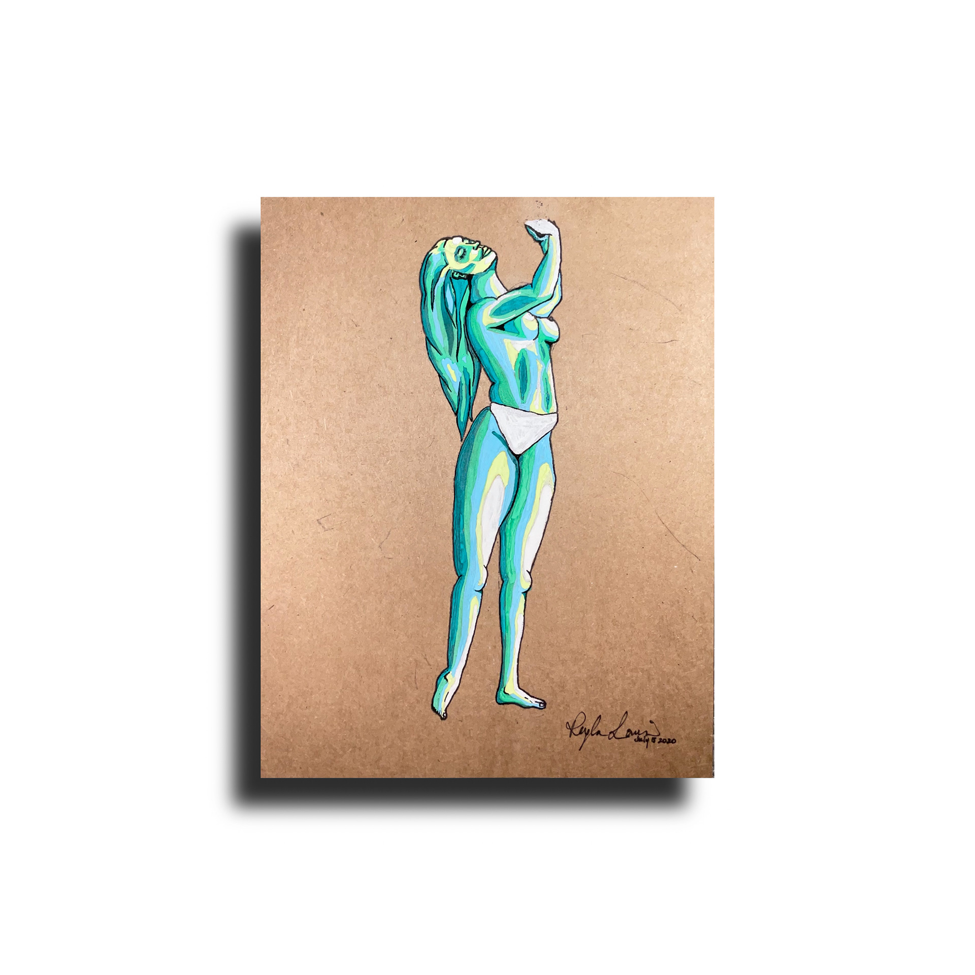 "Green With Selfie" 8.5 x 11" Watercolor and Acrylic on Brown Card