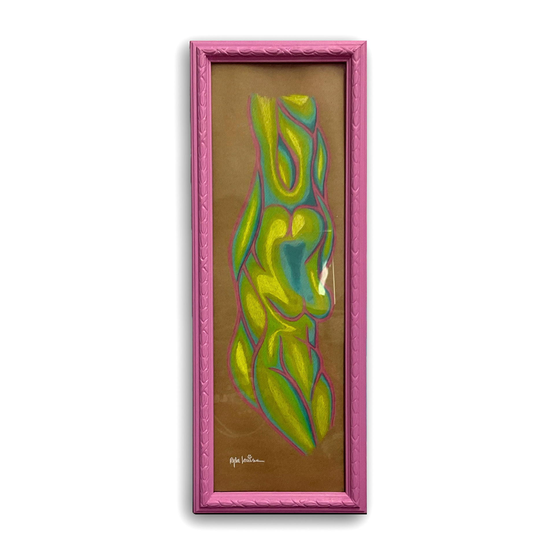 "La Donna Lussuriosa" 8 x 21.5" Prismacolor Pencil on Brown Card Upcycled Vintage Frame, Acrylic Paint