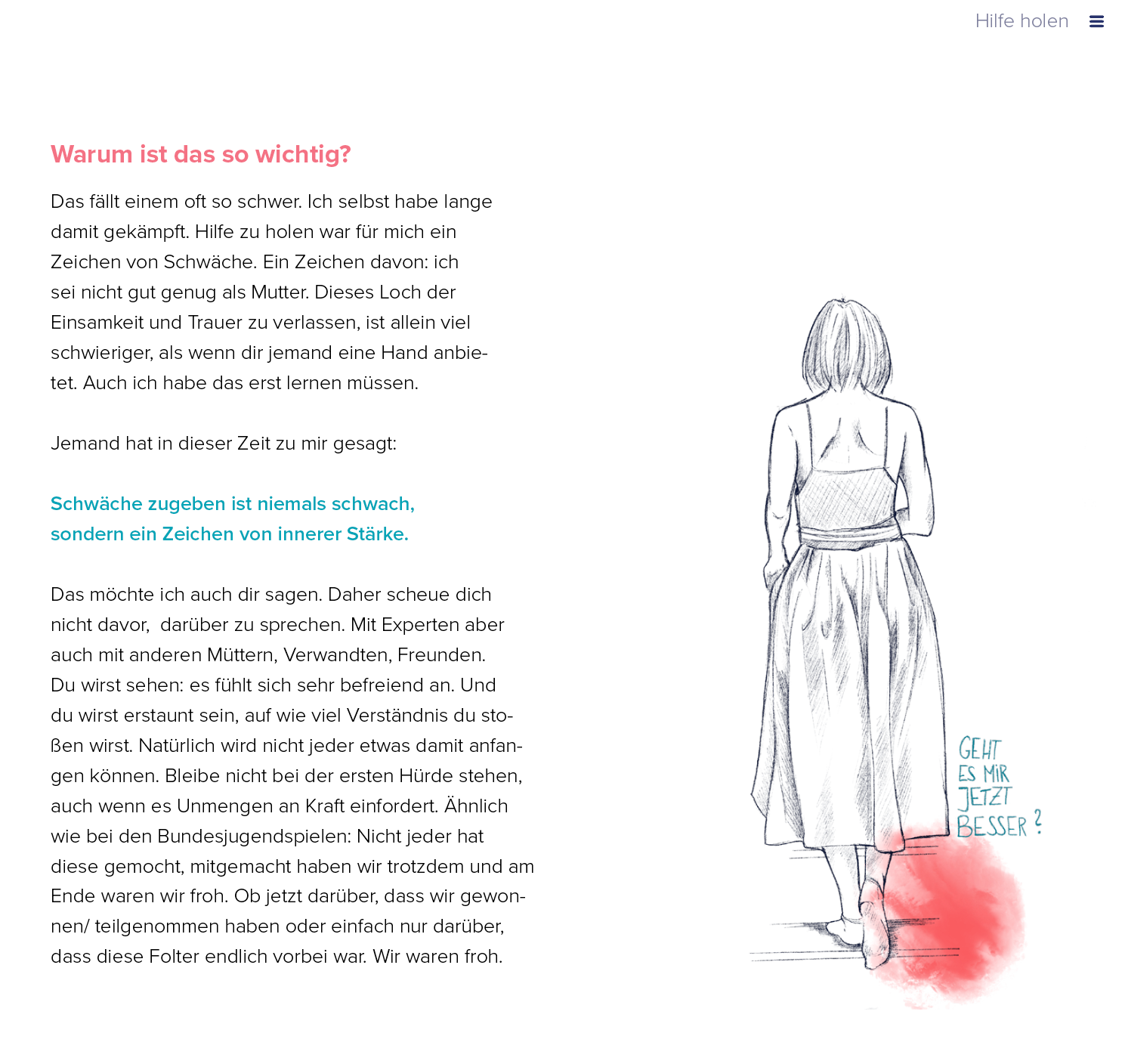 Layoutgestaltung mit Illustration, links Textgestaltung eines Artikels und rechts Zeichnung einer Frau die sich vom Beobachter abwendet.