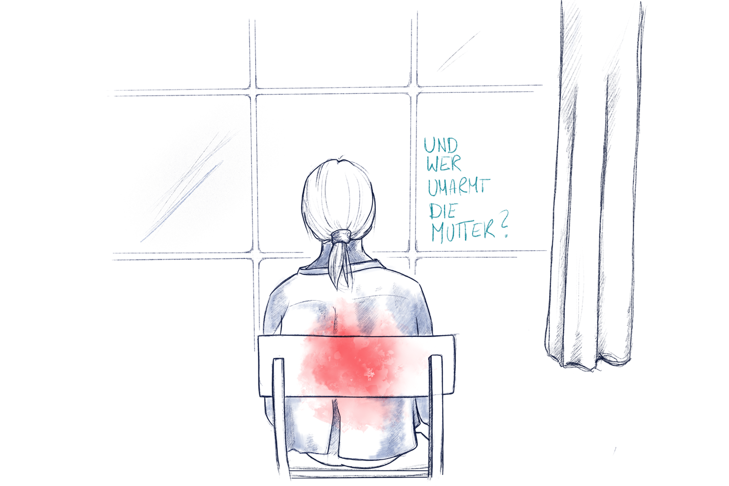 Illustration einer Frau sitzend vor einem Fenster, mit Blick in die Leere, mit Text, minimalistische Illustration, Bleistiftzeichnung