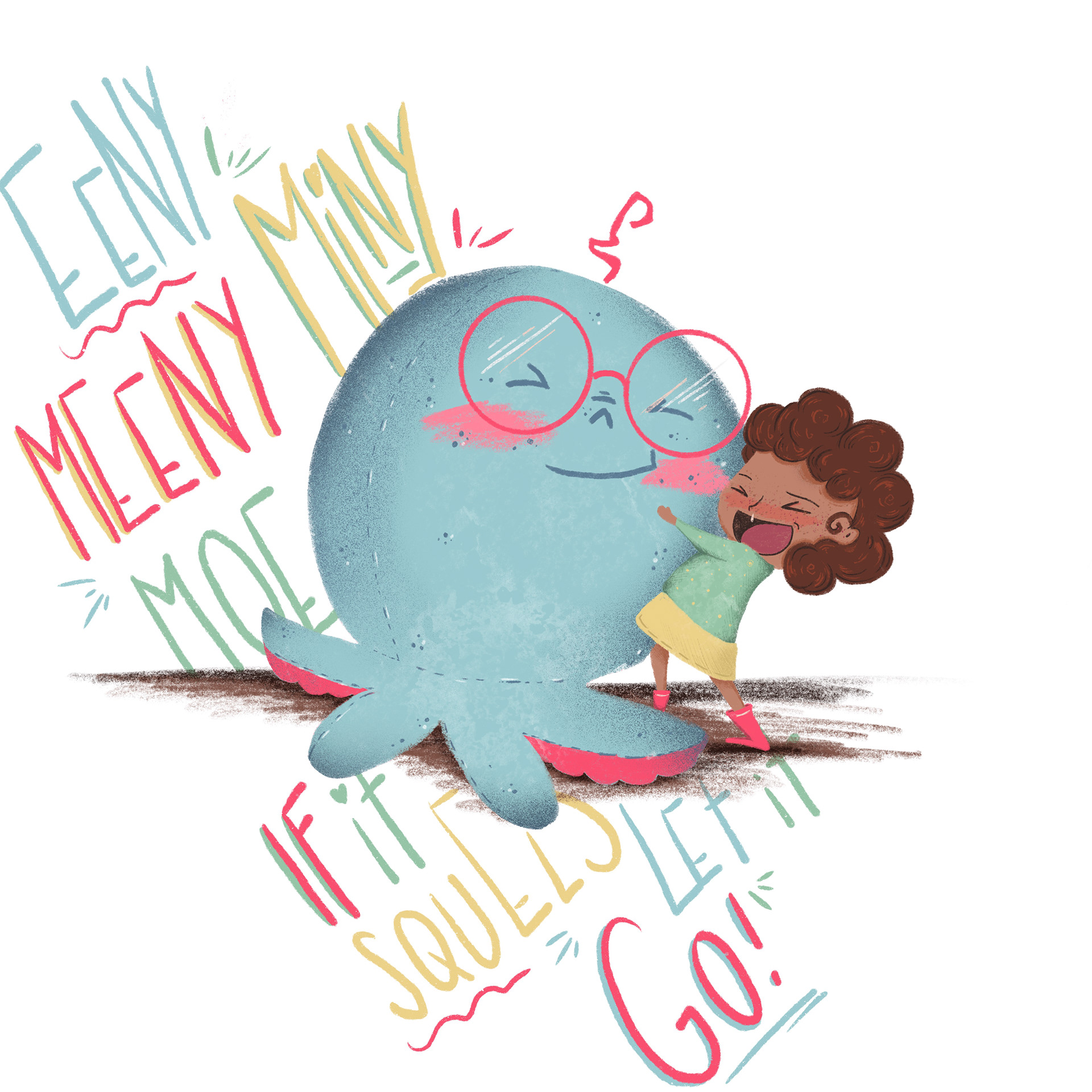 Illustration von Stefania Santoro. Ein Kuscheltiertintenfisch wird von einem Kind umarmt. Tintenfisch ist blau und trägt eine pinke Brille. Handlettering im Hintergrund: eeny meeny miny moe, if it squels let it go! 