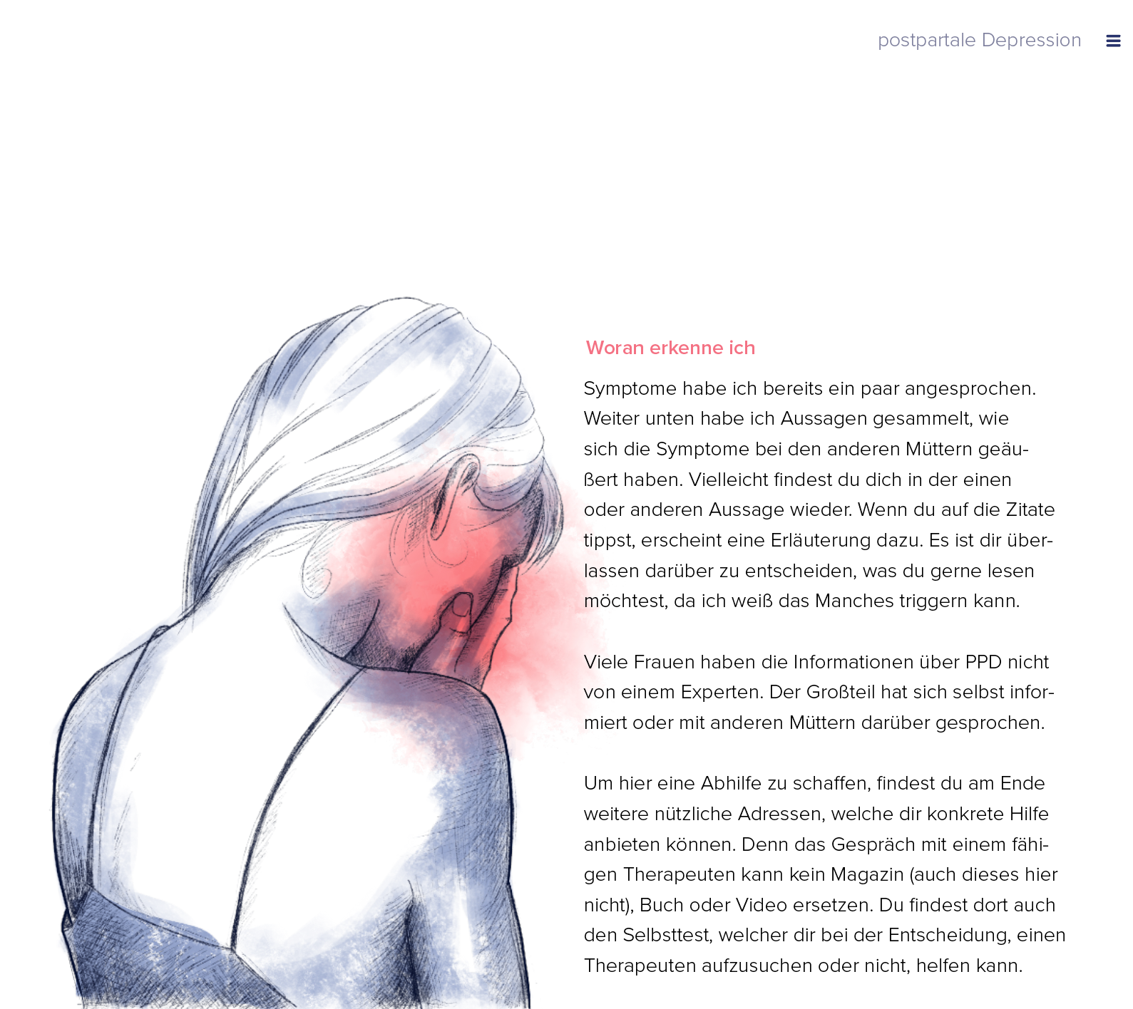 Layoutgestaltung mit Illustration, Rechts Zeichnung einer verzweifelten Frau, links ein Artikel über die Symptome der Krankheit