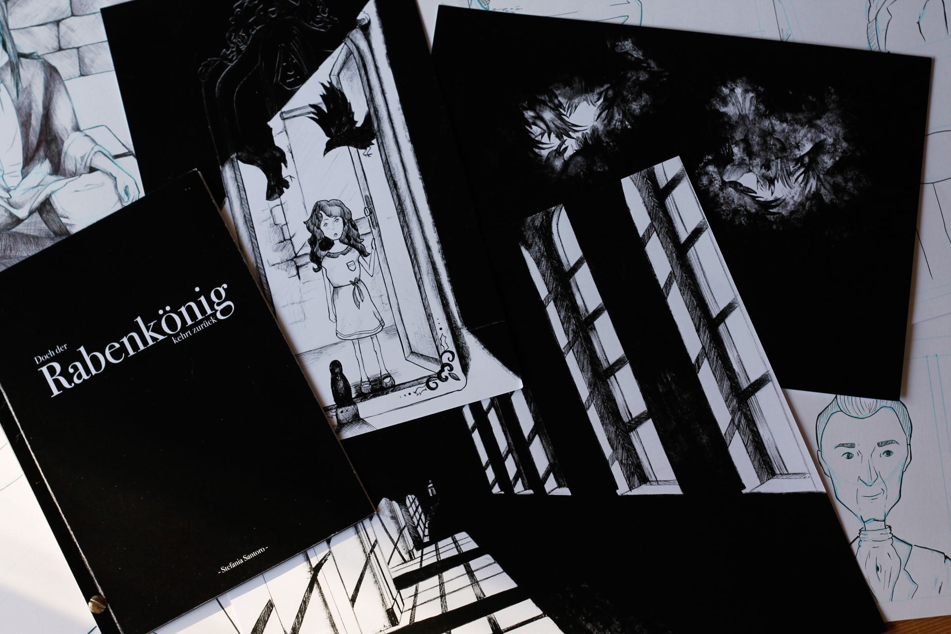 Sammlung von schwarz-weiß Illustrationen über das Märchen des Rabenkönigs aus dem Buch Jonathan Strange & Mr. Norrell von Susanna Clarke