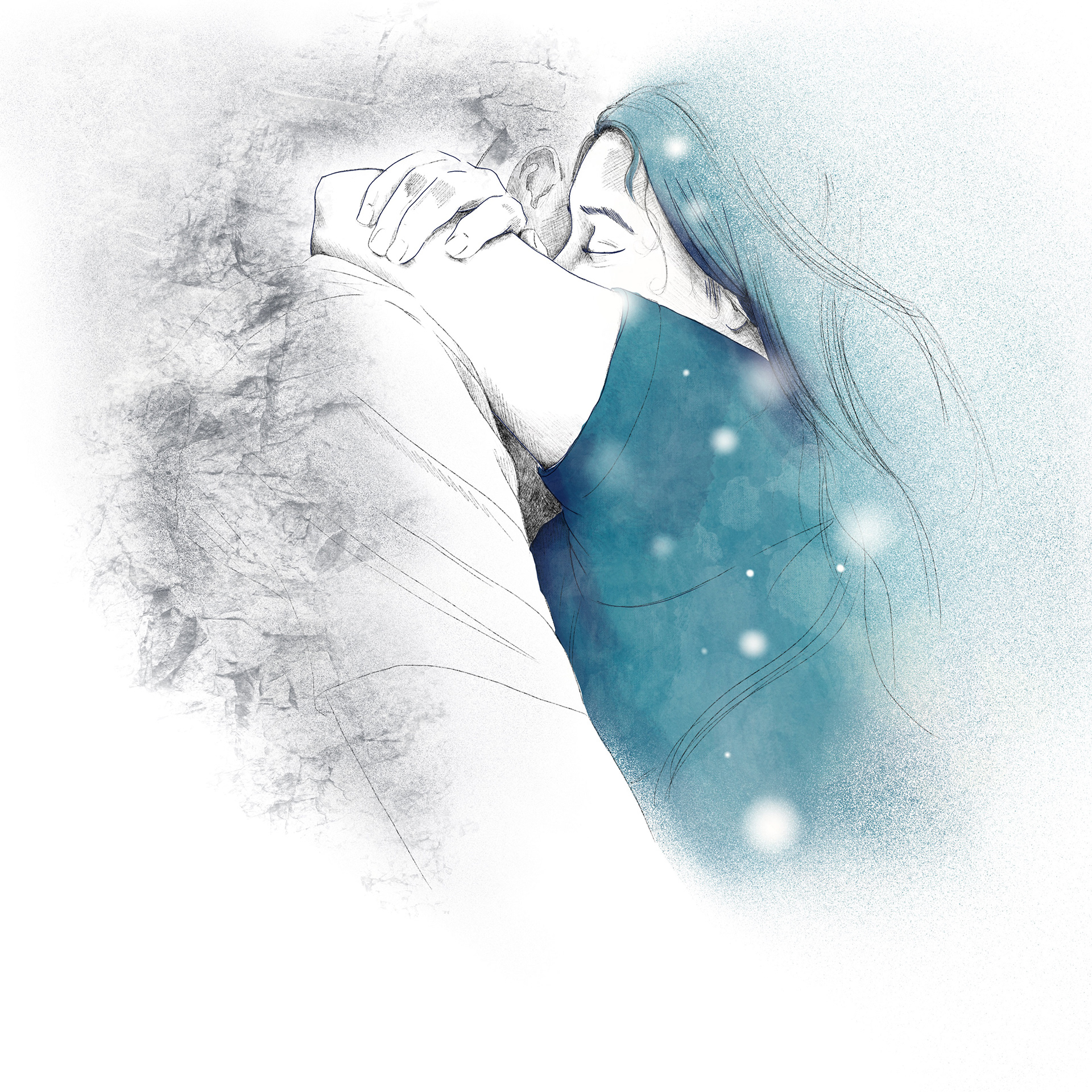 Pärchen umarm sich. Bleistiftzeichnung mit Aquarell. 