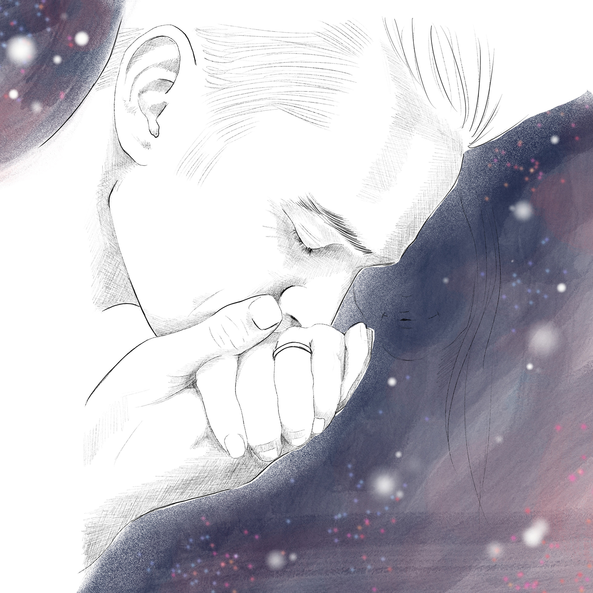 Mann küsst Hand seiner Frau. Sie haben geheiratet. 