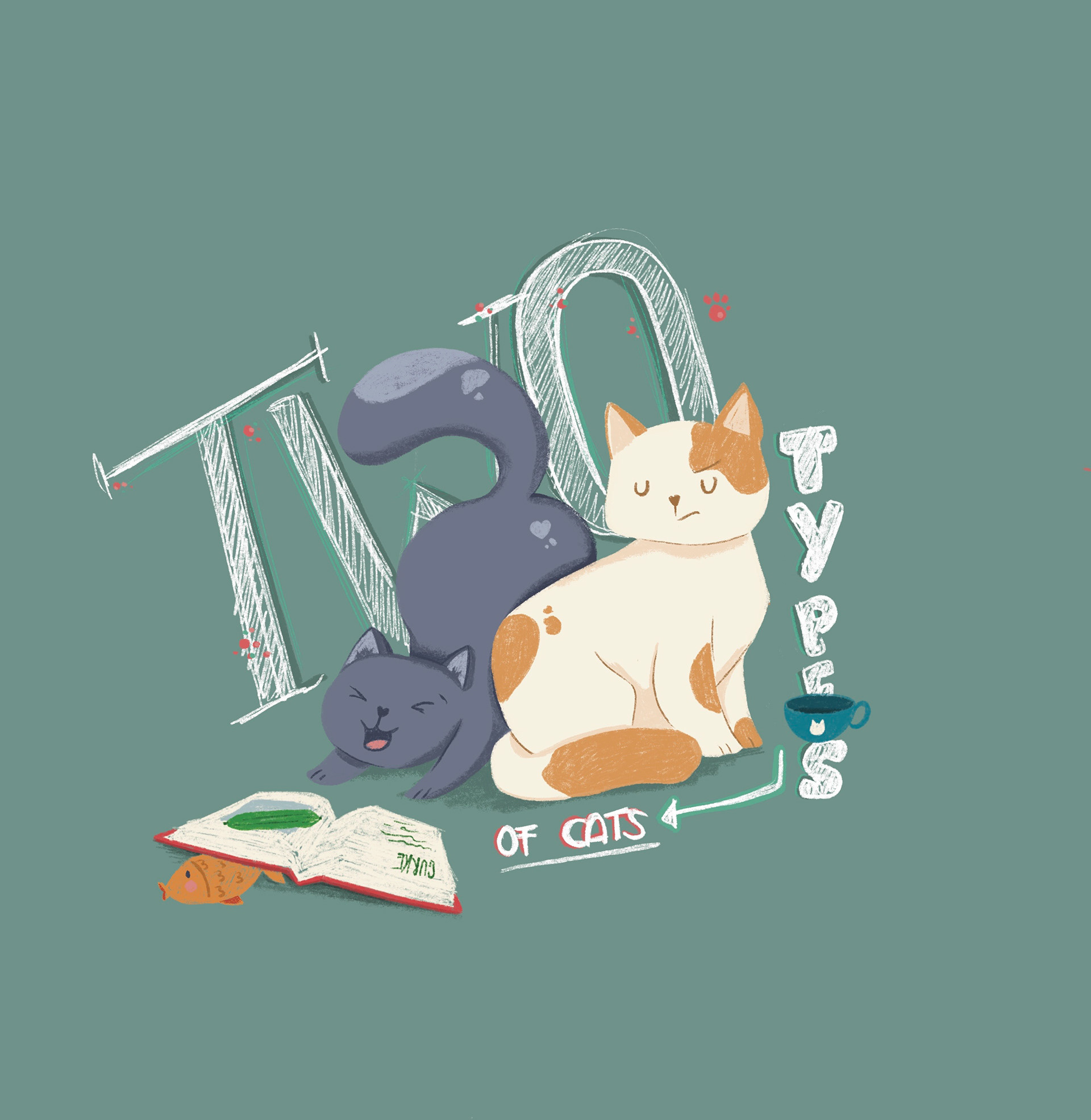 Eine Illustration von Stefania Santoro von zwei Katzen. Links eine dunkelgraue Katze mit hellen Flecken die gerade ein Buch liest über eine Gurke. Die zweite Katze hell mit braunen Flecken sieht das Buch missbilligend an. Handlettering im Hinterrund sagt: Two types of cats