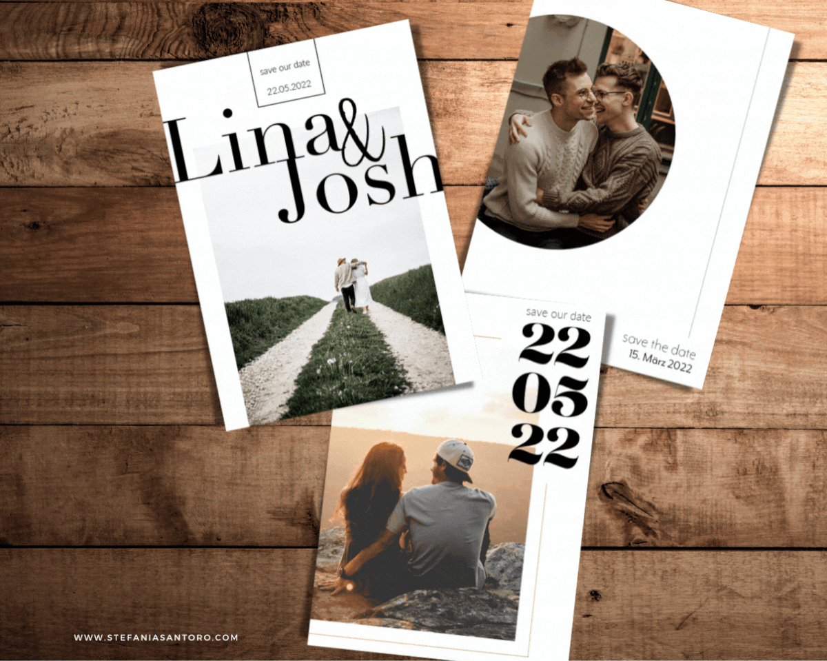 Gif mit drei verschiedene Save-the-Date-Karten, minimalistisch Gestaltet und mit Foto vom Pärchen, Save-the-Date-Karte mit Foto