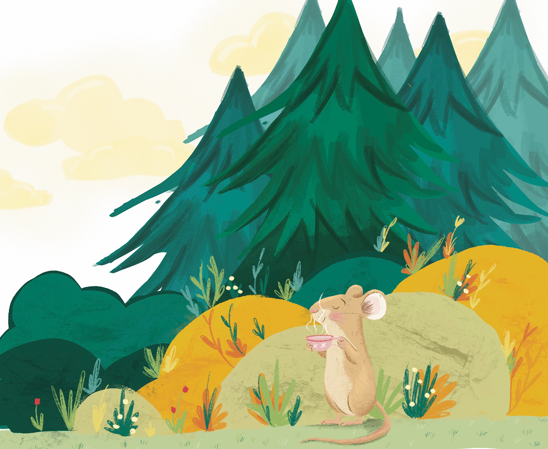 Illustration von Stefania Santoro. Eine Waldszene. Im Hintergrund Tannen und im Vordergrund kleine bunte Hügel mit Gräser und Blumen bewachsen. Davor eine zufriedenen braune Maus die gerade ihren Tee trinkt.  