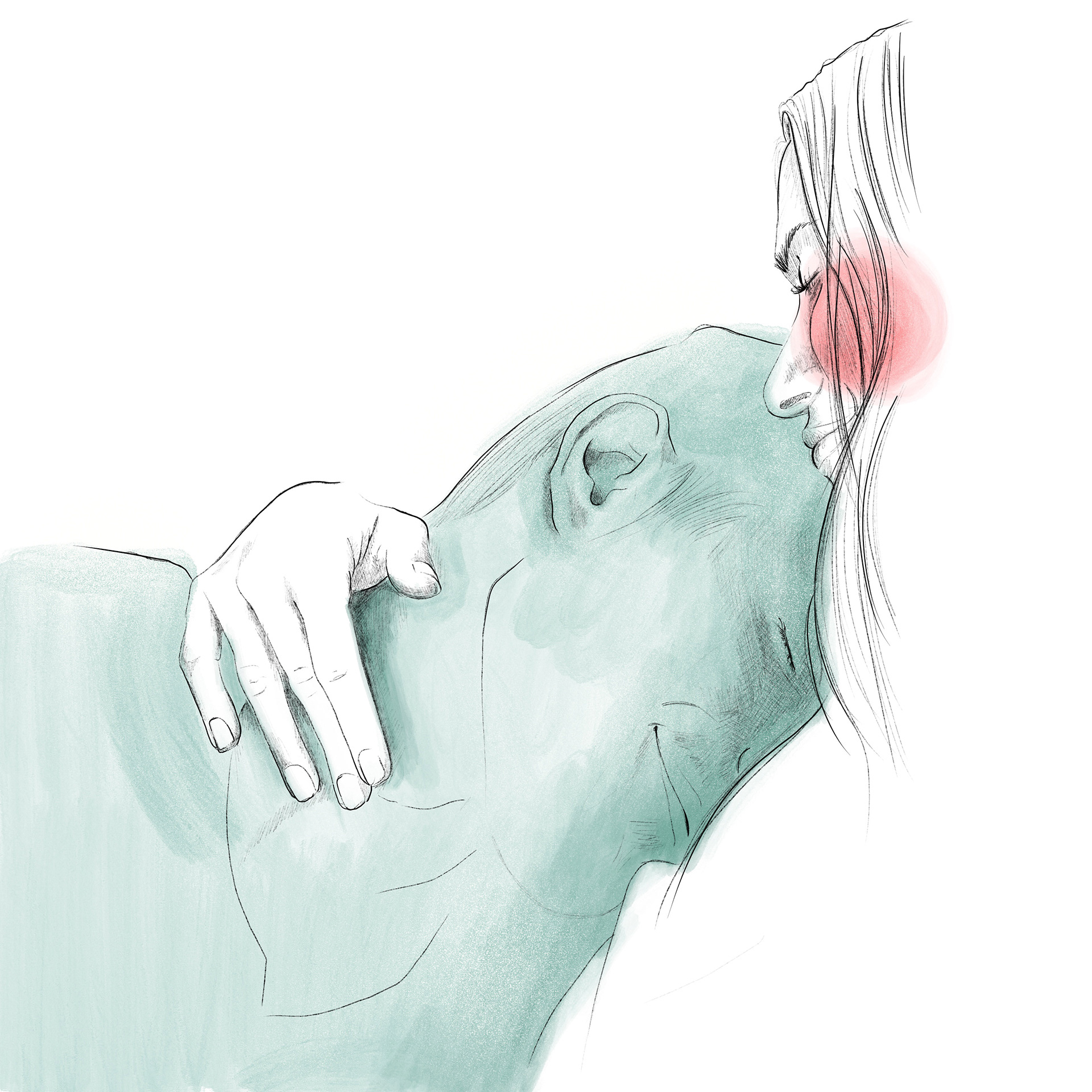 Frau und Mann kuscheln. Beide haben einen seeligen Gesichtsausdruck