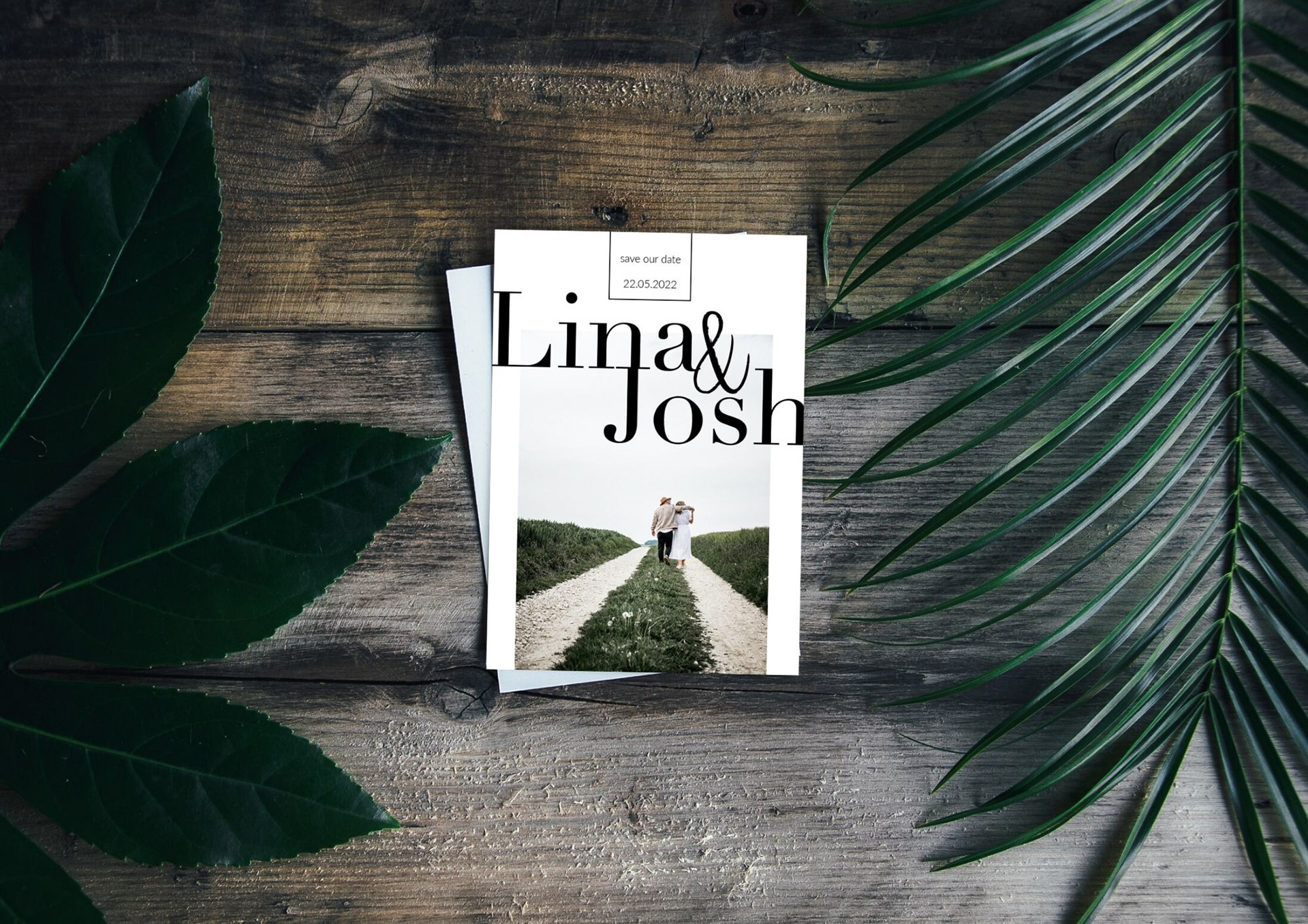 Gif mit drei verschiedene Save-the-Date-Karten, minimalistisch gestaltet und mit Foto vom Pärchen, Save-the-Date-Karte mit Foto, Namen des Pärchen steht groß im oberen drittel und das Datum oben mittig. 