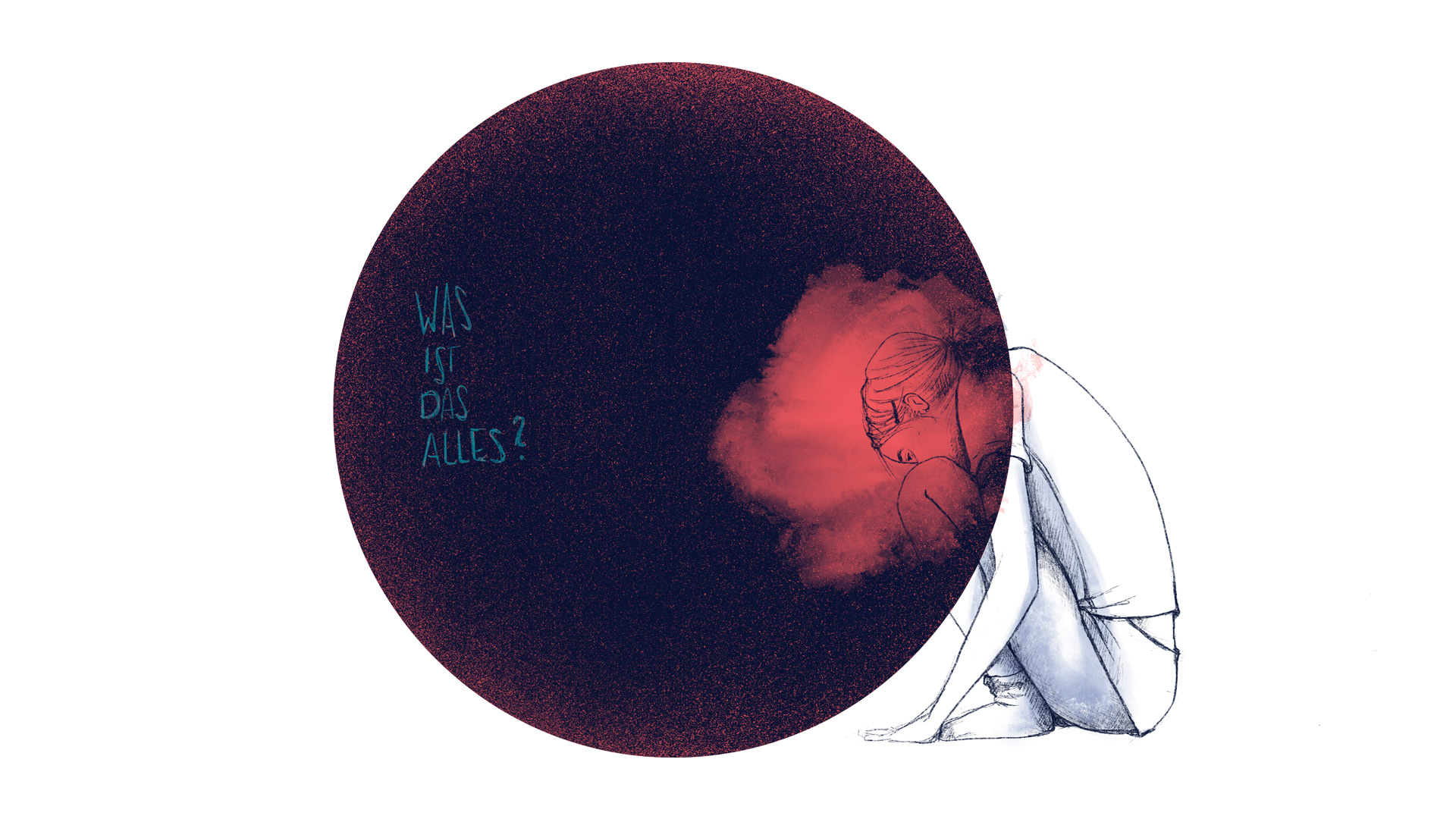 Illustration einer Frau, traurig, ratlos, mit Text, minimalistische Illustration, Bleistiftzeichnung