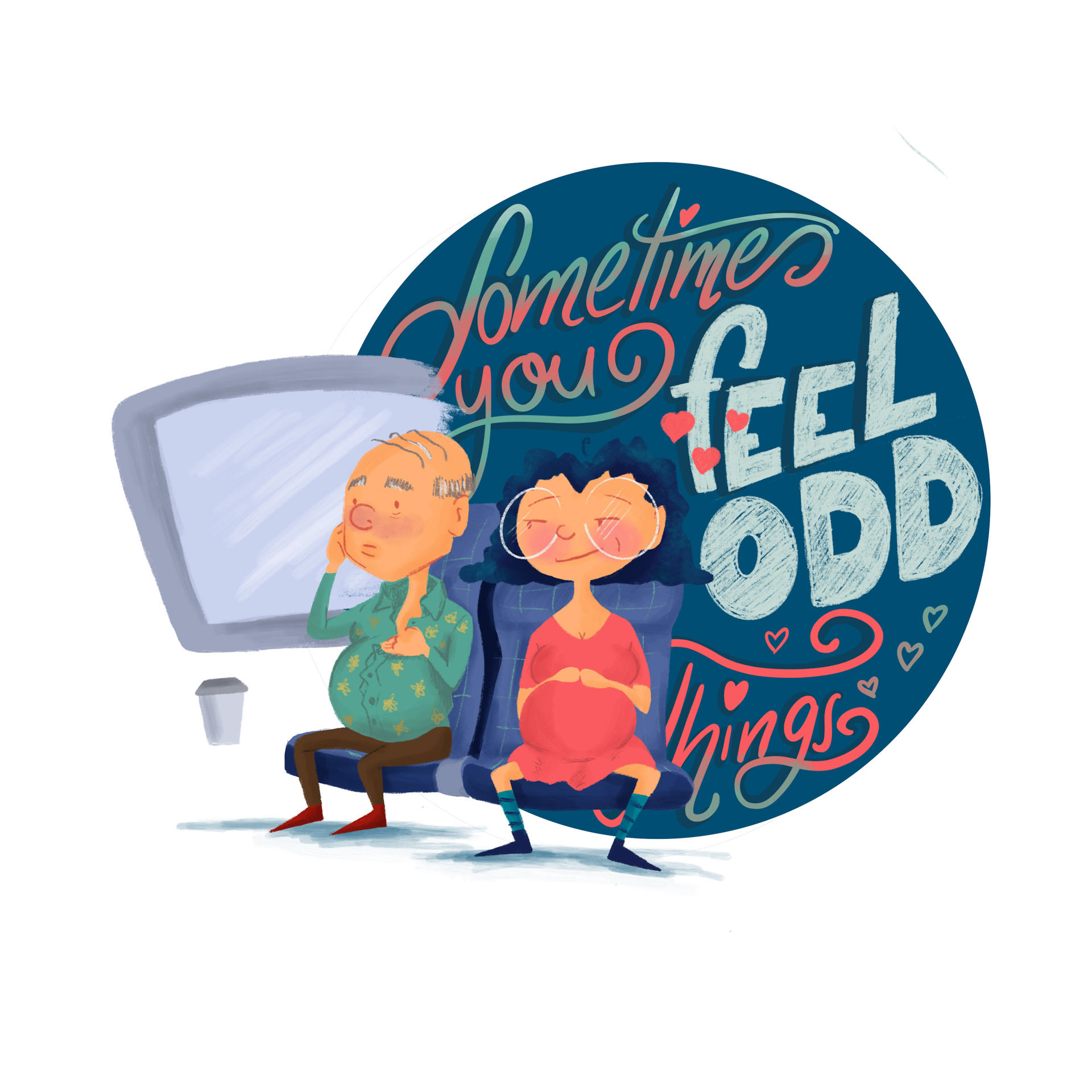 Illustration von zwei Menschen im Zug. Ein älterer Herr und eine schwangere Frau. Im Hintergrund handgeschrieben in verschiedenen Schriften: Sometimes you feel odd things