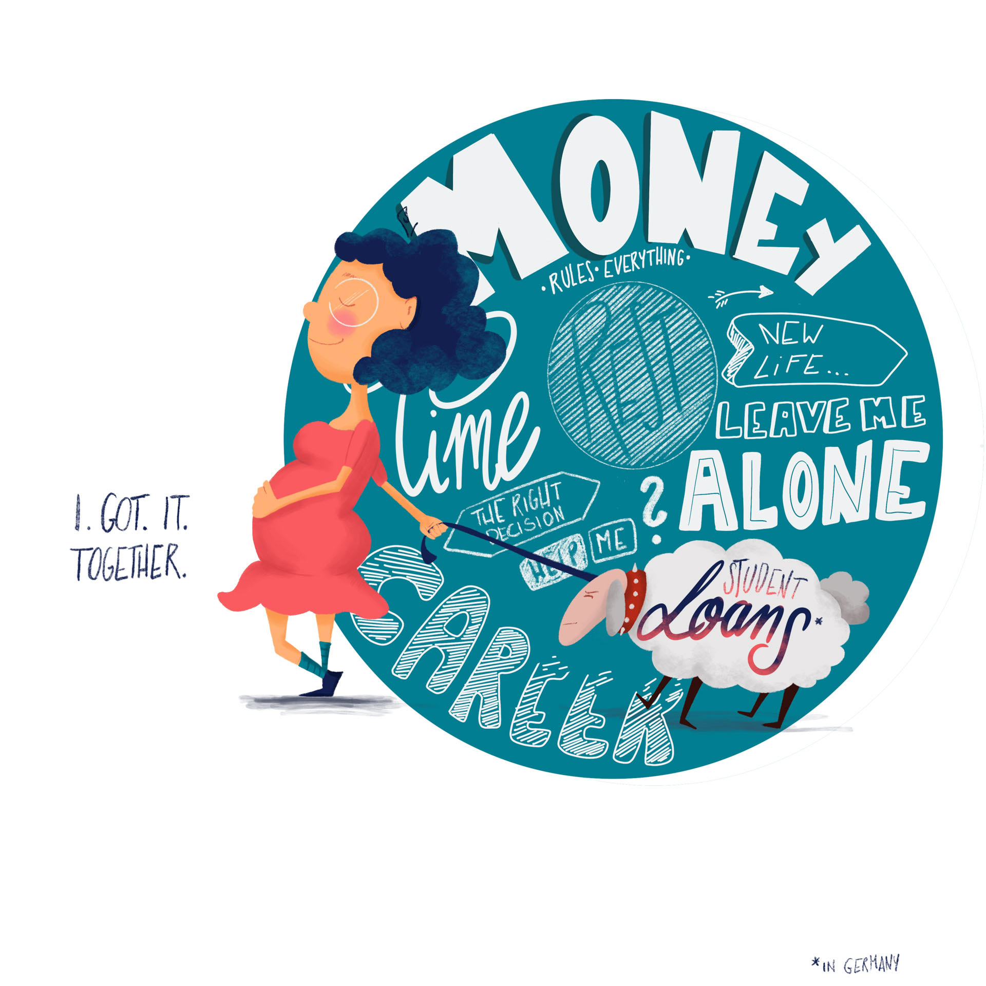 Illustration einer schwangeren Frau, die mit einem Schaf spaziert. Auf dem Schaf ist der Schriftzug: Student Loans (in Germany), hinter ihr in einem Kreis ist der Text als Handlettering dargestellt was all ihre Gedanken sind, positive wie negative. Aber sie sagt sich: I got it together.