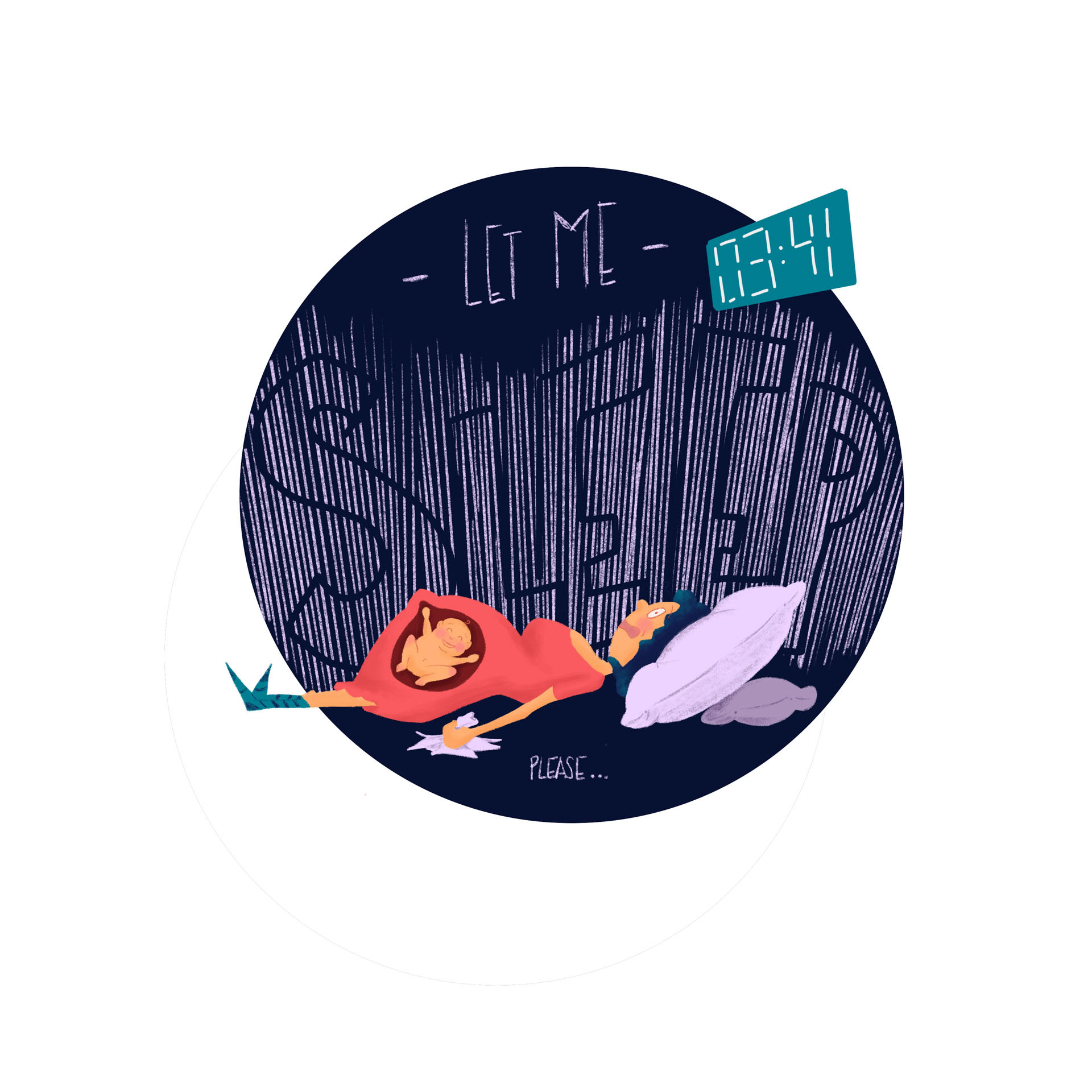 Bild einer schwangeren Frau im Bett. Sie ärgert sich, weil sie nicht schlafen kann. Man sieht das Baby im Bauch, wie es kickt und schlägt. Dahinter steht der Text: Let me, sleep! Die Uhrzeit daneben: 03:14 Uhr