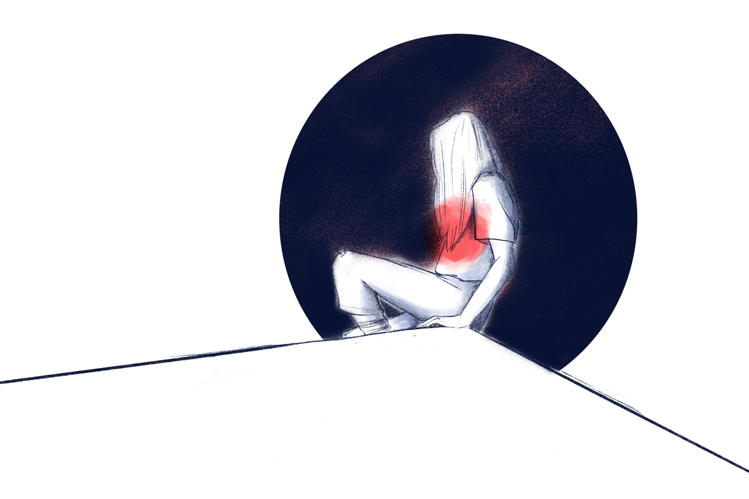 Illustration einer Frau, sitzt an einer Kante, ihr Gesicht ist verdeckt und ist von Dunkelheit umgeben, minimalistische Illustration, Bleistiftzeichnung