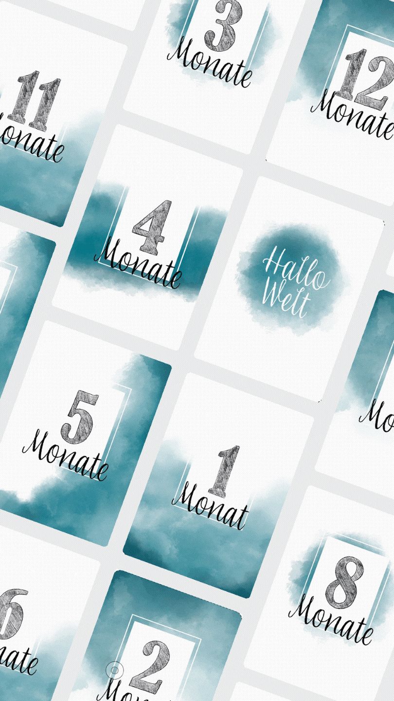 Gif mit Meileinsteinkarte in einem festen Rasterformat angeordnet. In den Farben: Grau, Petrol und Peach. Die Zahlen sind alle selbst gezeichnet in Bleistiftoptik. 