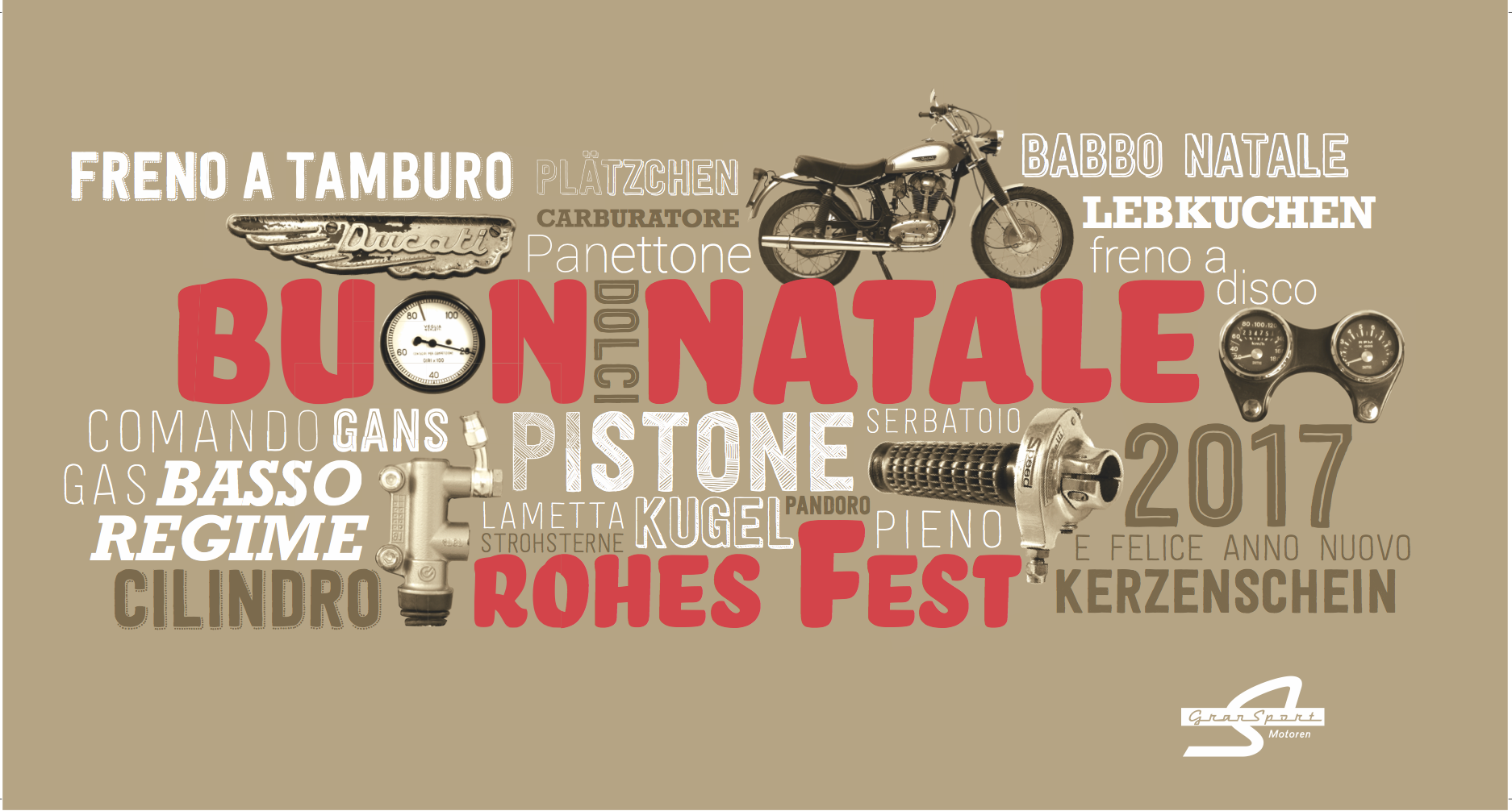 Typografie-Teppich, Lettering, Weihnachtsmailing für eine Autowerkstatt mit Wörter in zwei Sprachen. Italiensich-Deutsch