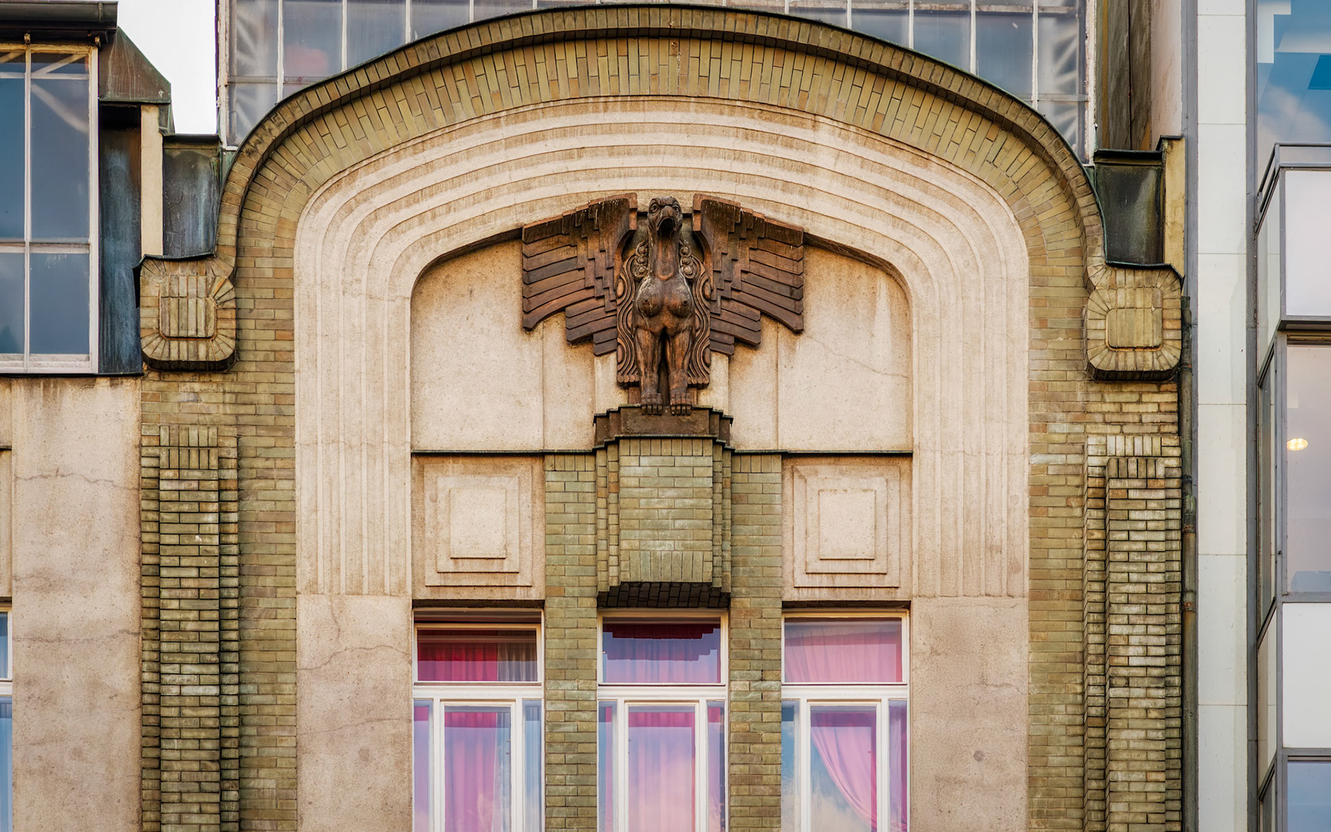 Detail of the Adam Pharmacy (Adamova Lékárna) building in Prague, Czech Republic.