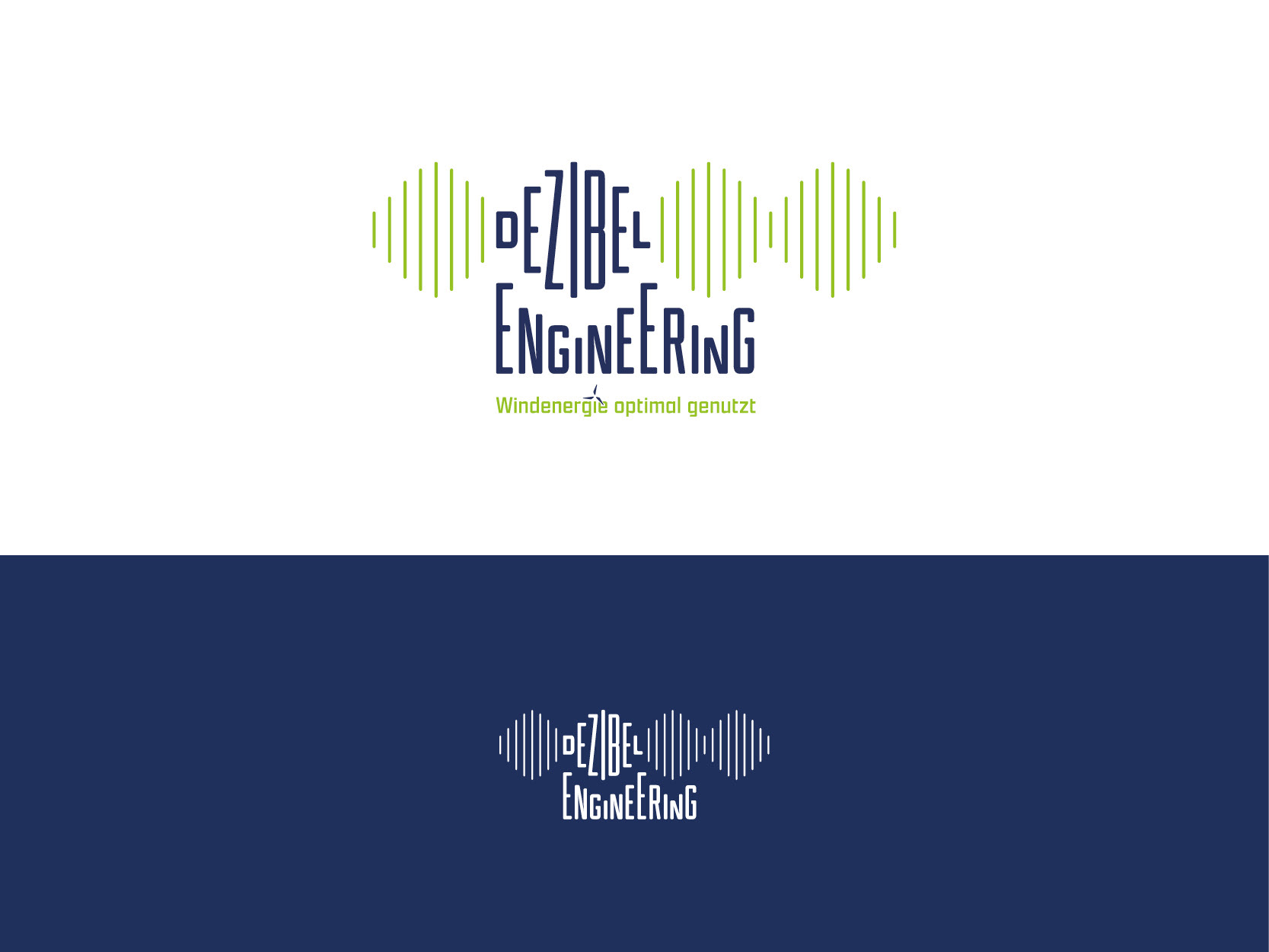 Große Wort-Bildmarke von "Dezibel Engineering" mit dem Claim "Windenergie optimal genutzt" in Farbe auf weißem Hintergrund. Darunter weißes Logo ohne Claim auf dunkelblauem Hintergrund.