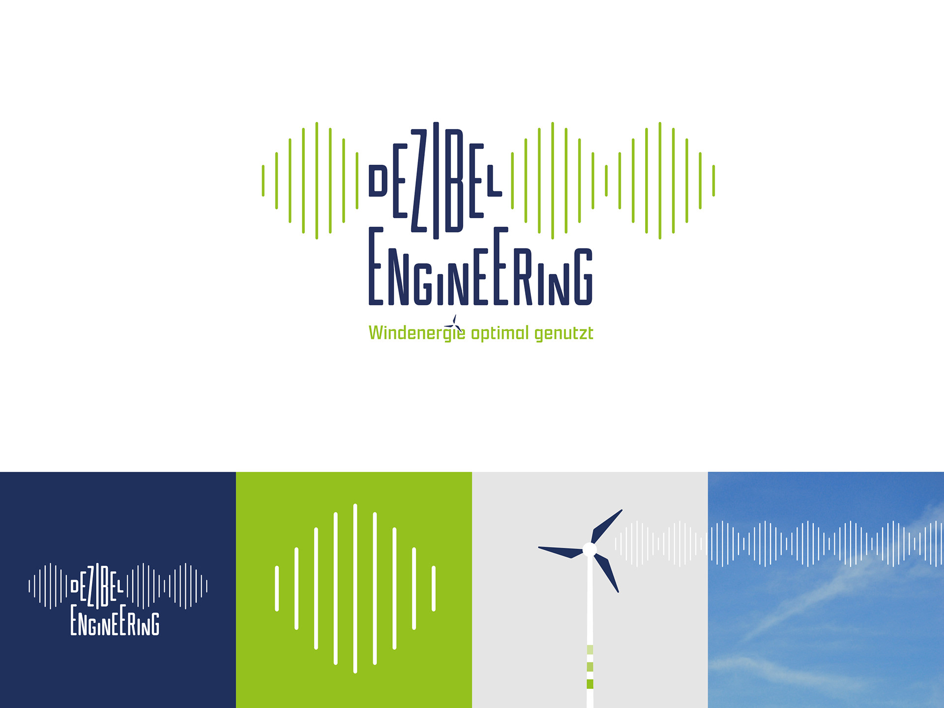Wort-Bildmarke von "Dezibel Engineering – Windenergie optimal genutzt" auf weiß. Unterer Bildrand: weißes Logo von "Dezibel Engineering" auf dunkelblau. Bildelement des Logos auf grün. Grafik einer Windkraftanlage auf grau.