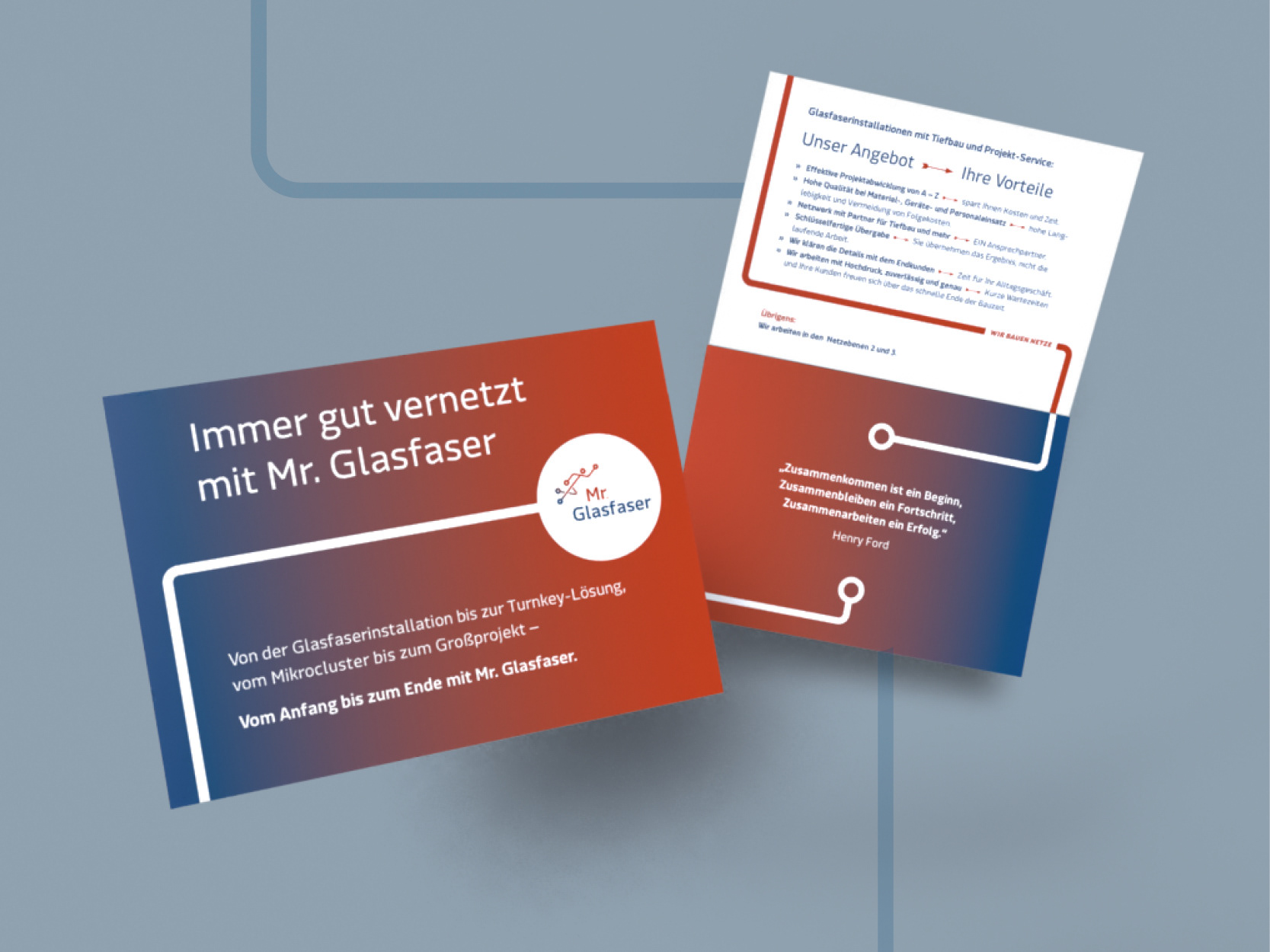 Faltablauf mit Titel und erster geöffneter Seite des Mailings von "Mr. Glasfaser – Wir bauen Netze"