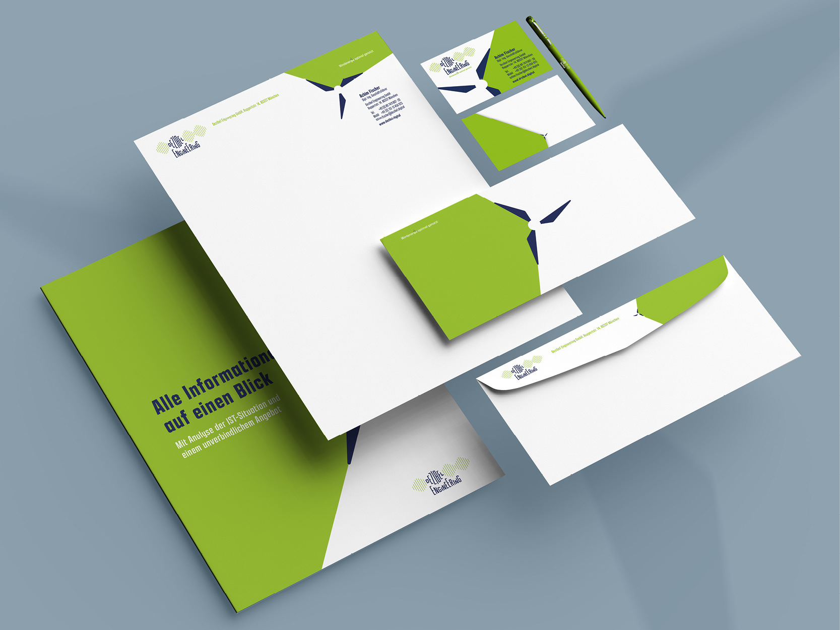 Stationary Design von "Dezibel Engineering" mit Visitenkarten, Briefpapier, Briefumschlag, Kugelschreiber und Informationsmappe.