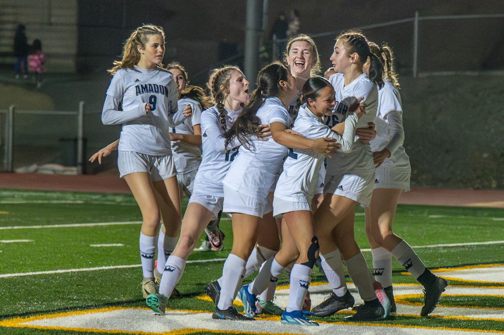 Amador High School girls celebrate soccer goal. Photo by Duv Cardenas in Jackson, CA.