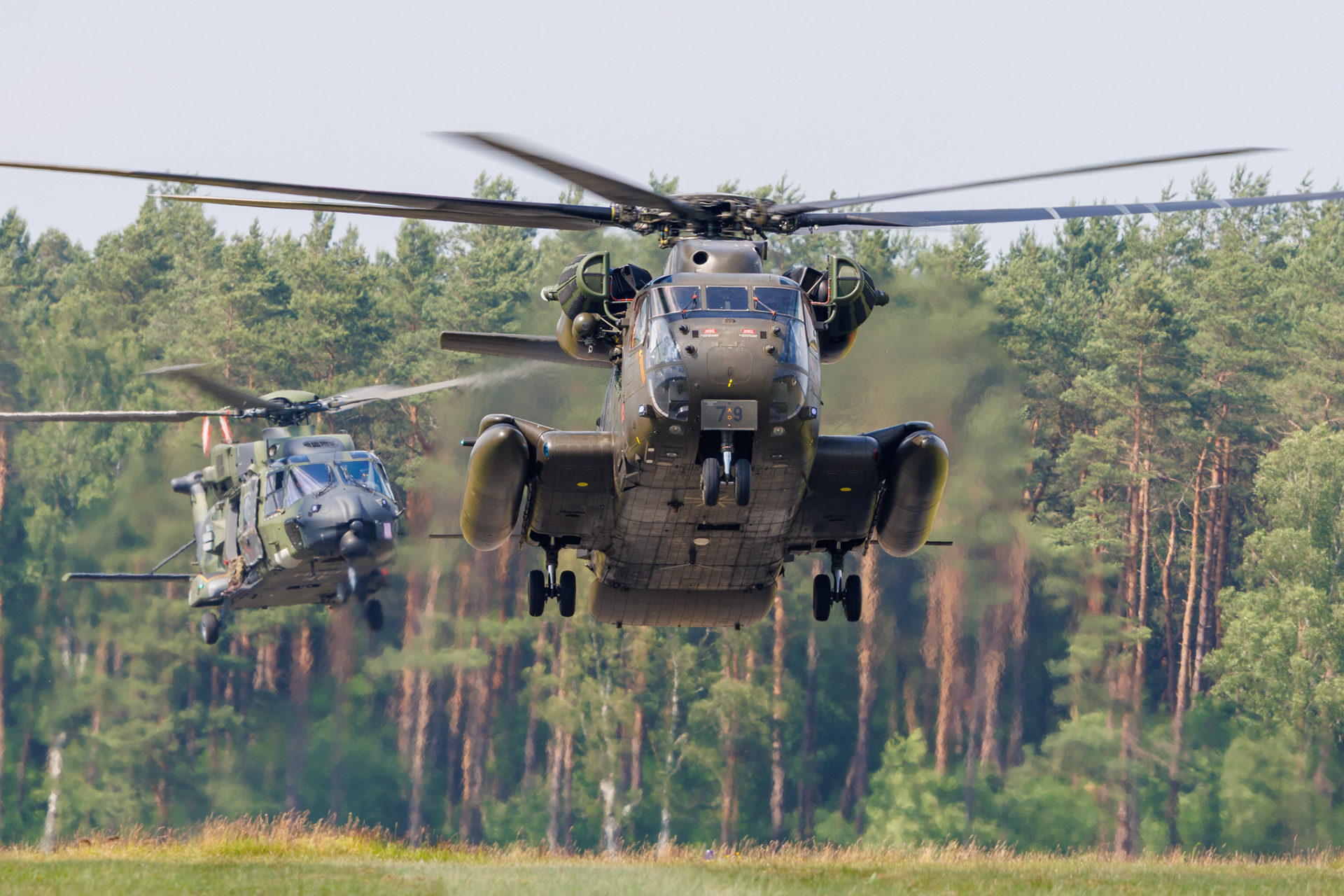 Een NH90 en CH53 vallen door hun camouflage mooi weg tegen de achtergrond.