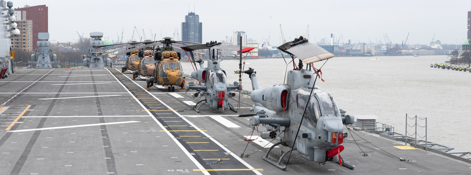 TCG Anadolu flight deck with AH1W Super Cobra and Cougar helikopters