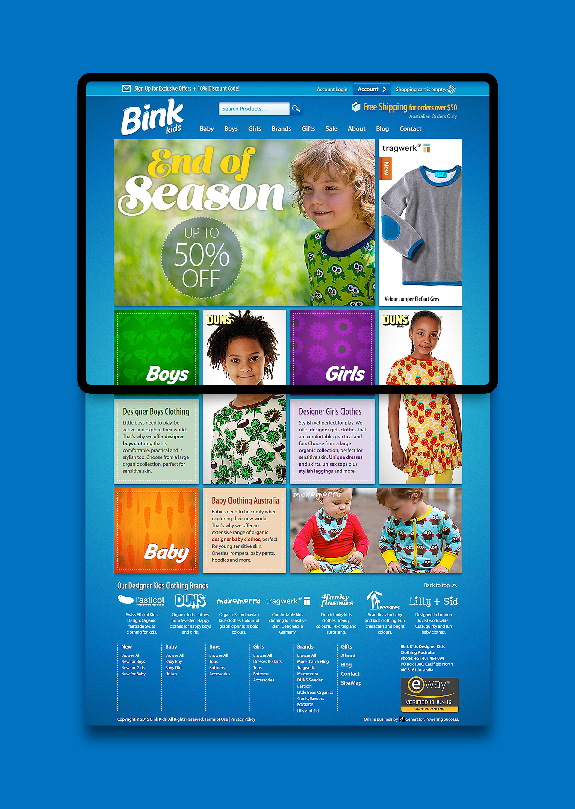 Bink Kids homepage with promotional banner, category navigation, and product grid.