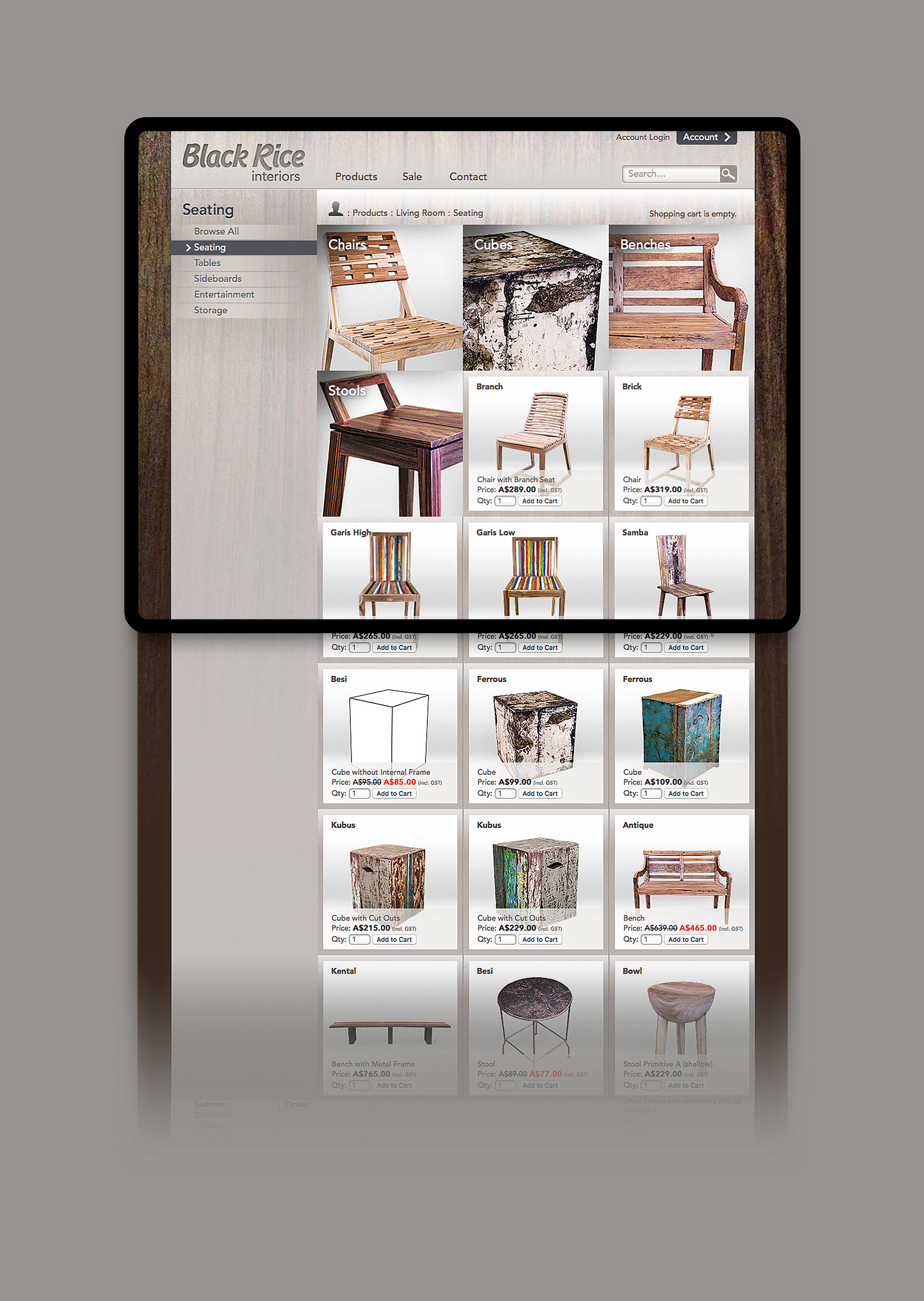 Product range page with grid layout and detailed imagery.