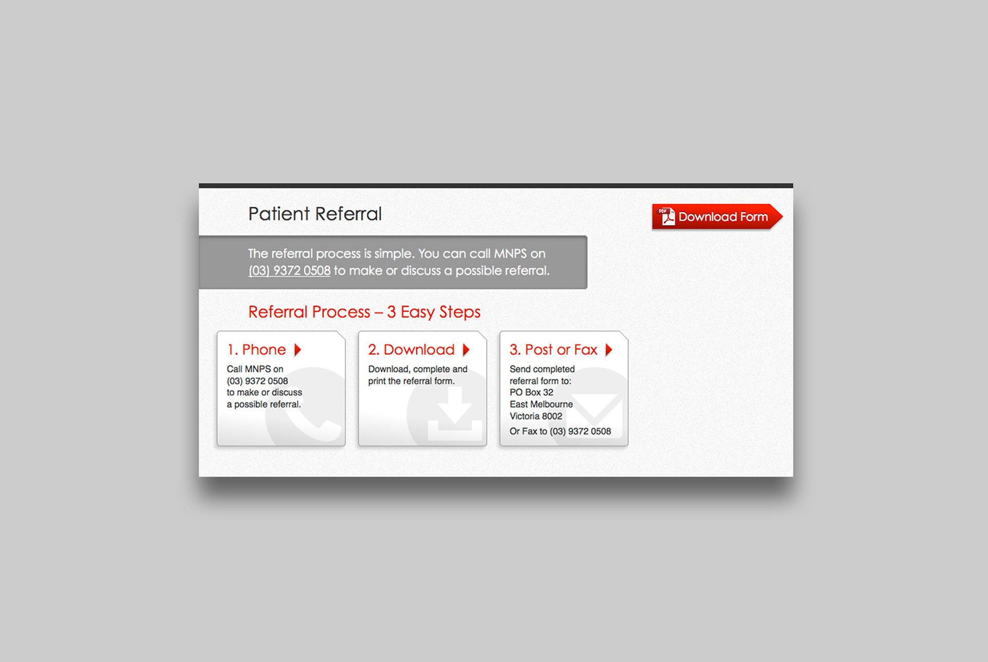 Referral page showing three step process and structured actions.