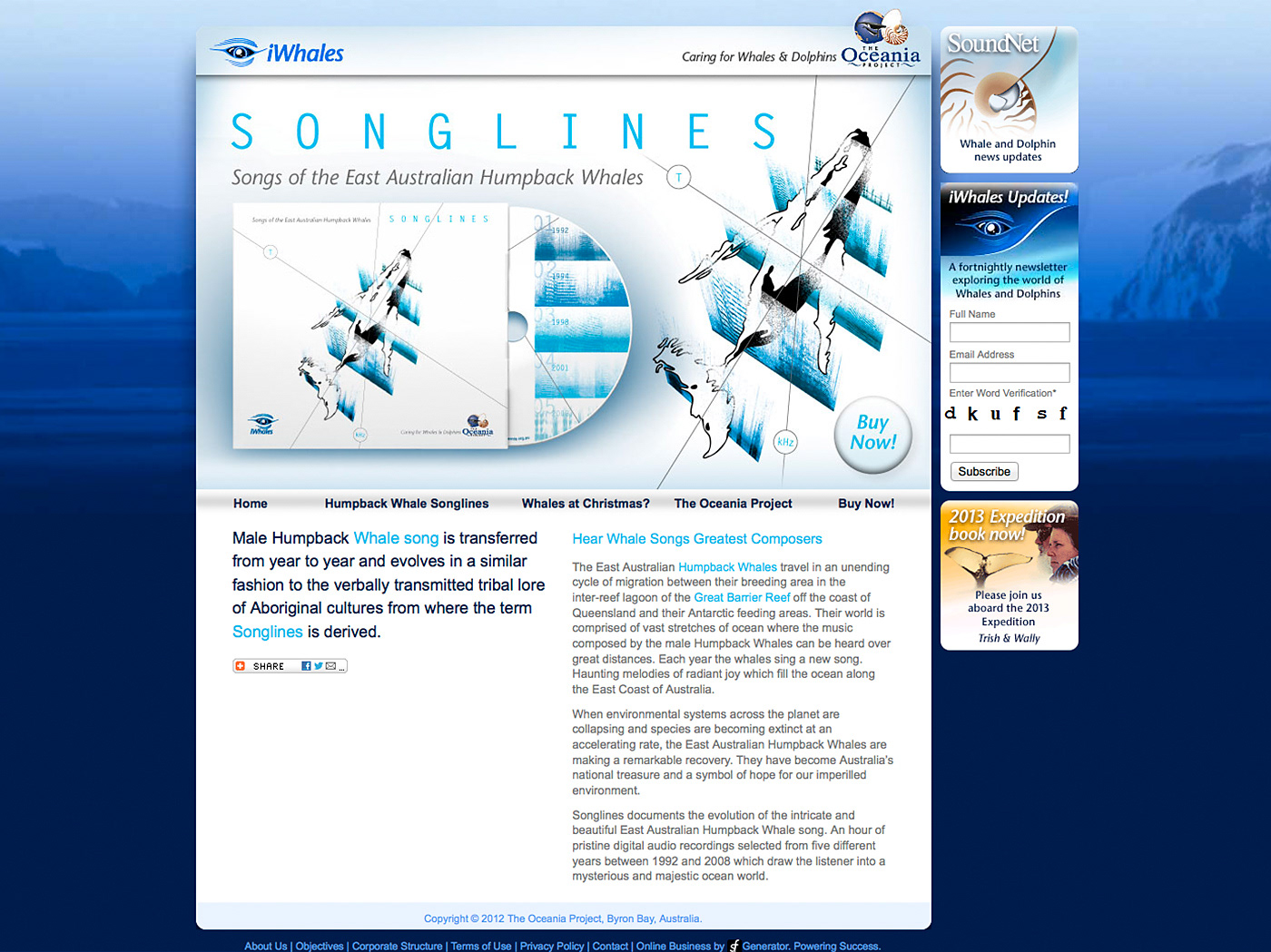 Landing page with whale imagery, navigation, and product entry.