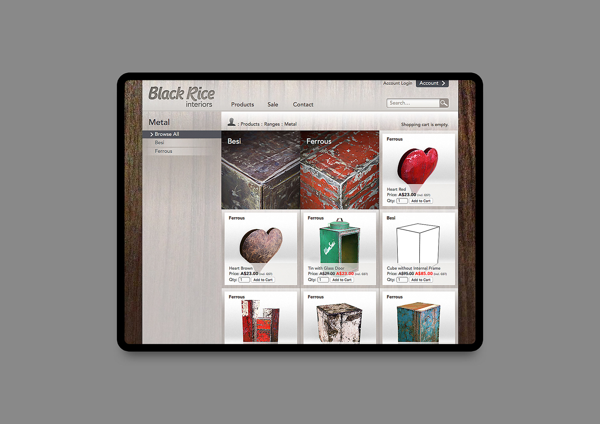 Metal category page with product grid and side navigation.