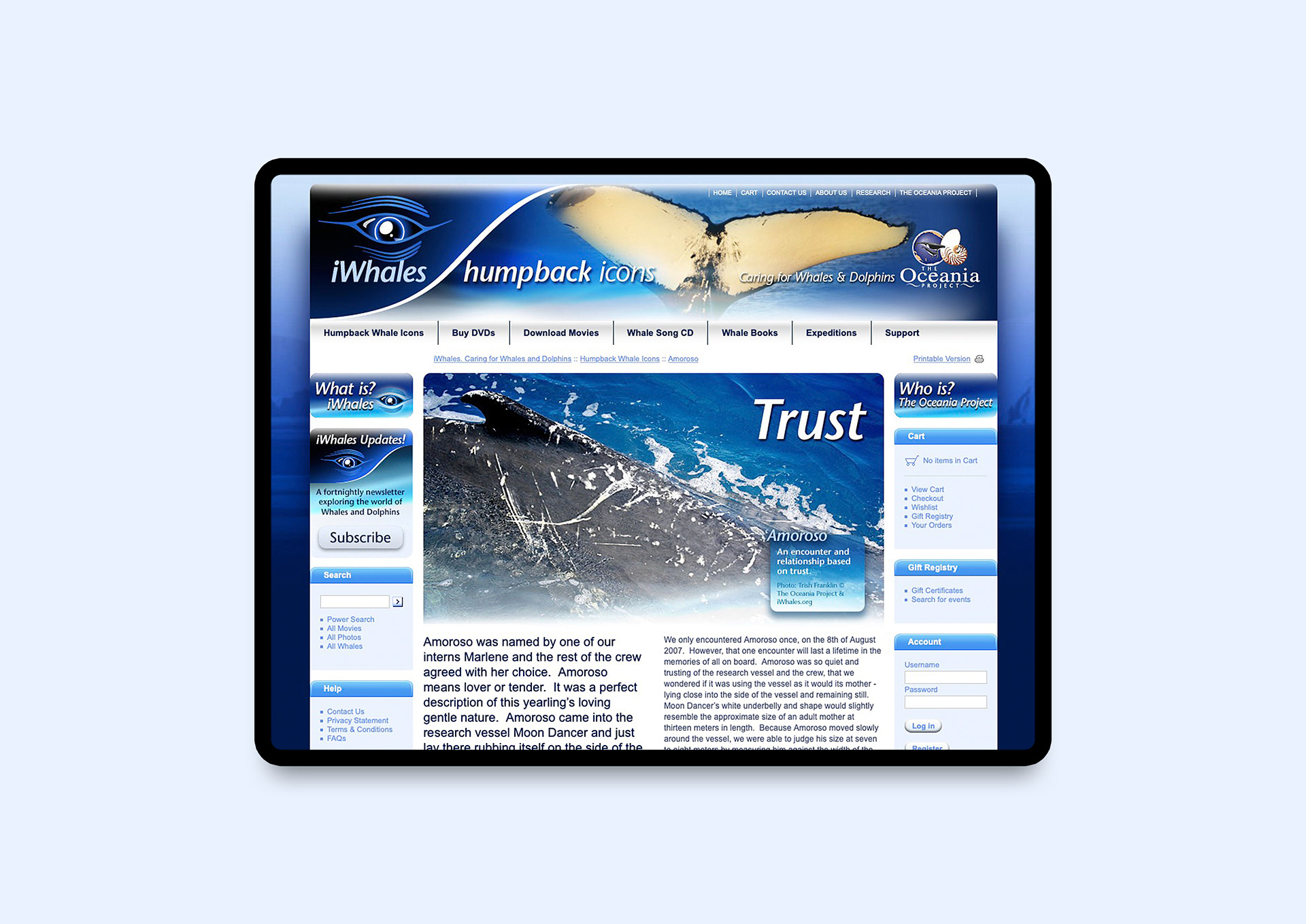 Whale profile page with structured content and imagery.