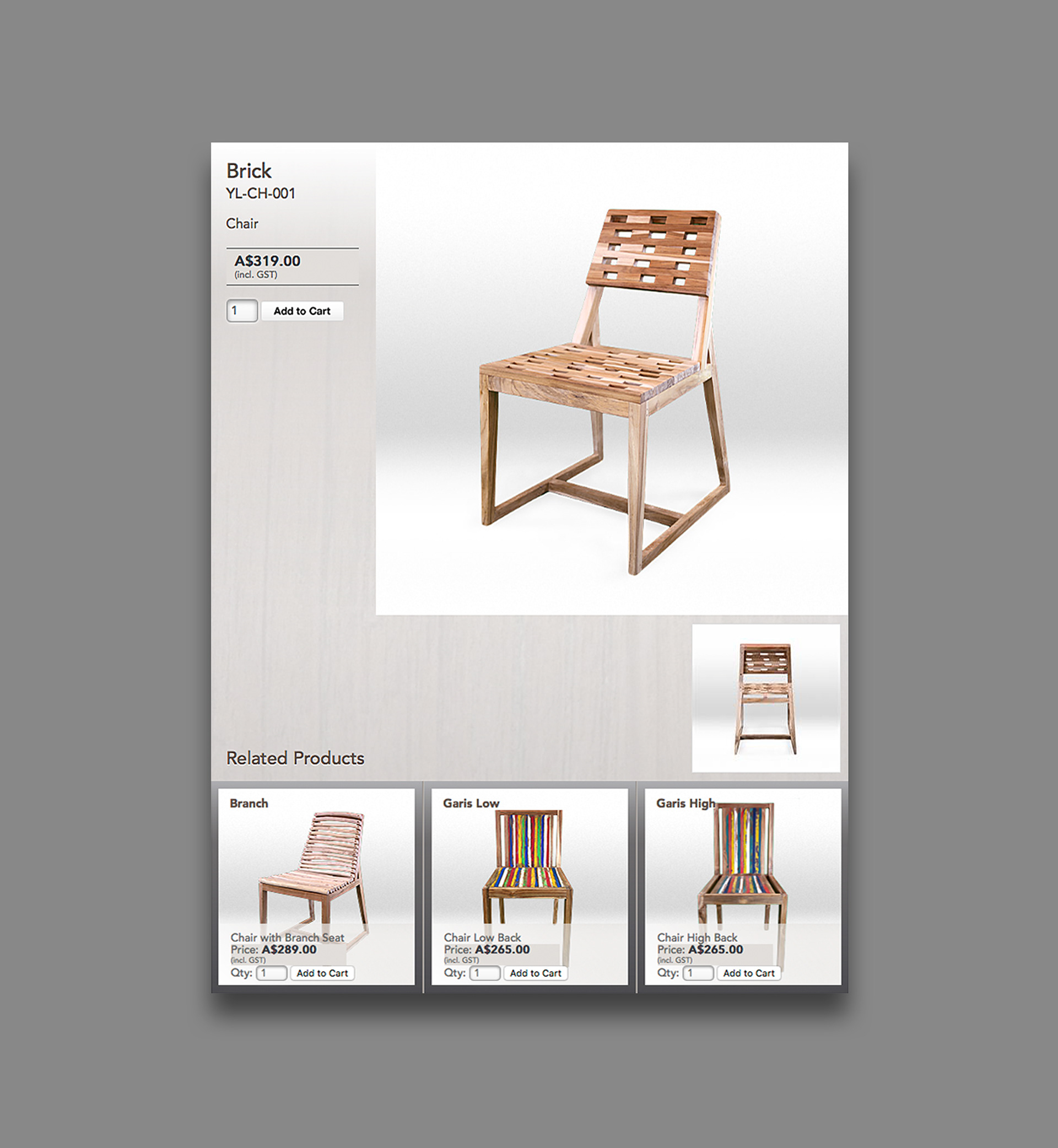 Product detail page with image, pricing, and related products.