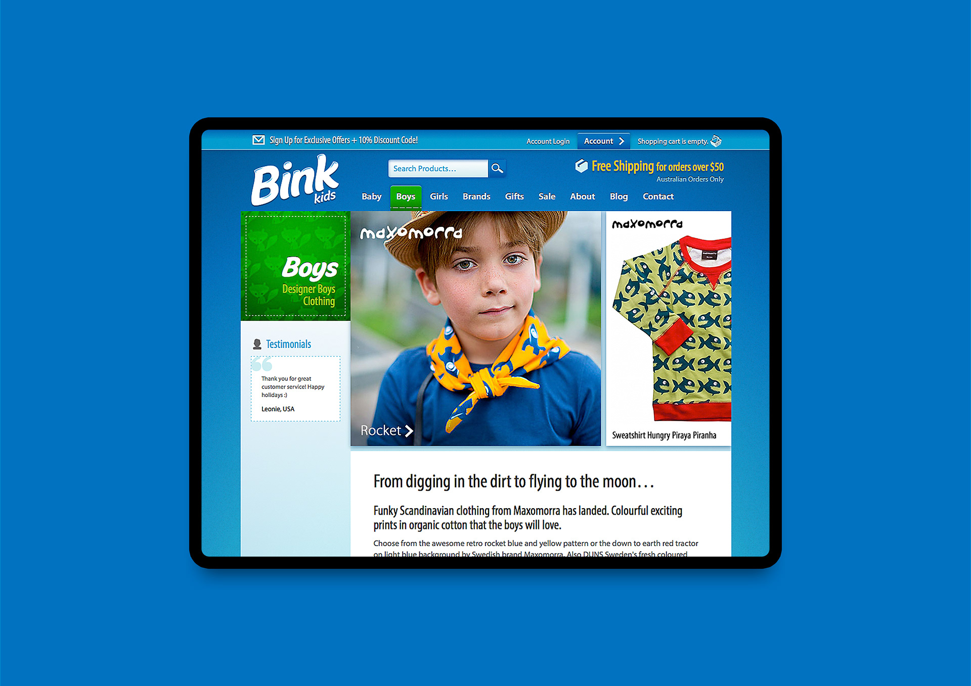 Boys category page with structured navigation and product catalogue layout.