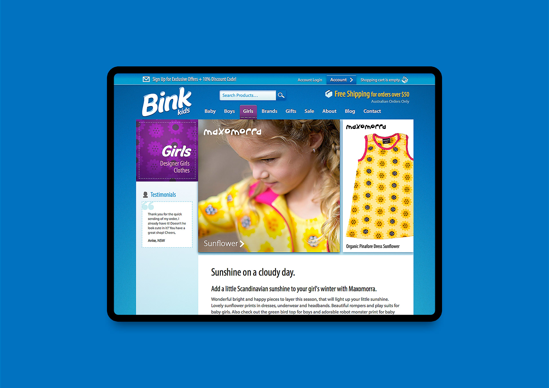Girls category page showing grid layout and structured navigation system.
