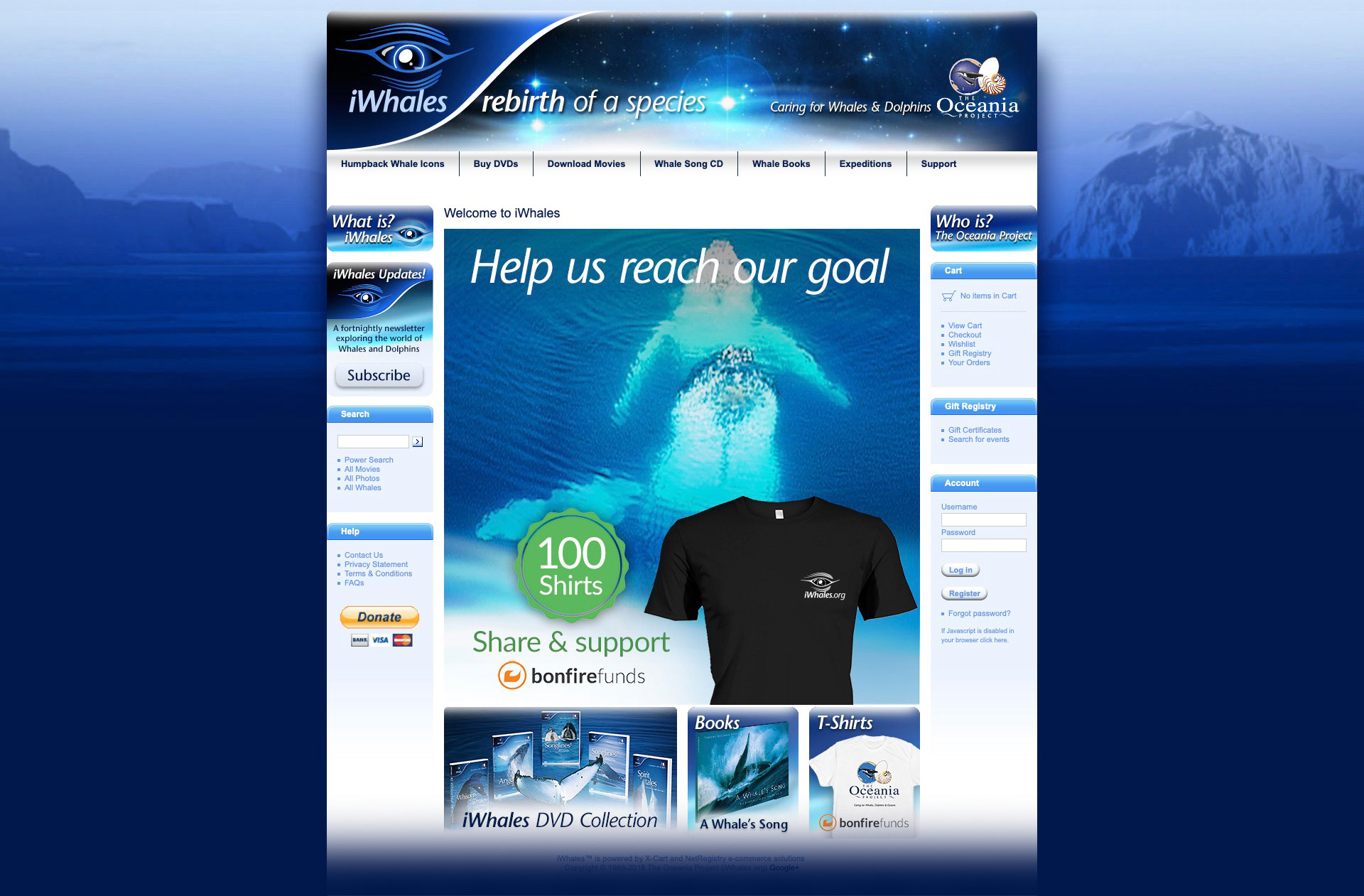 Homepage with navigation, whale content access, and product links.