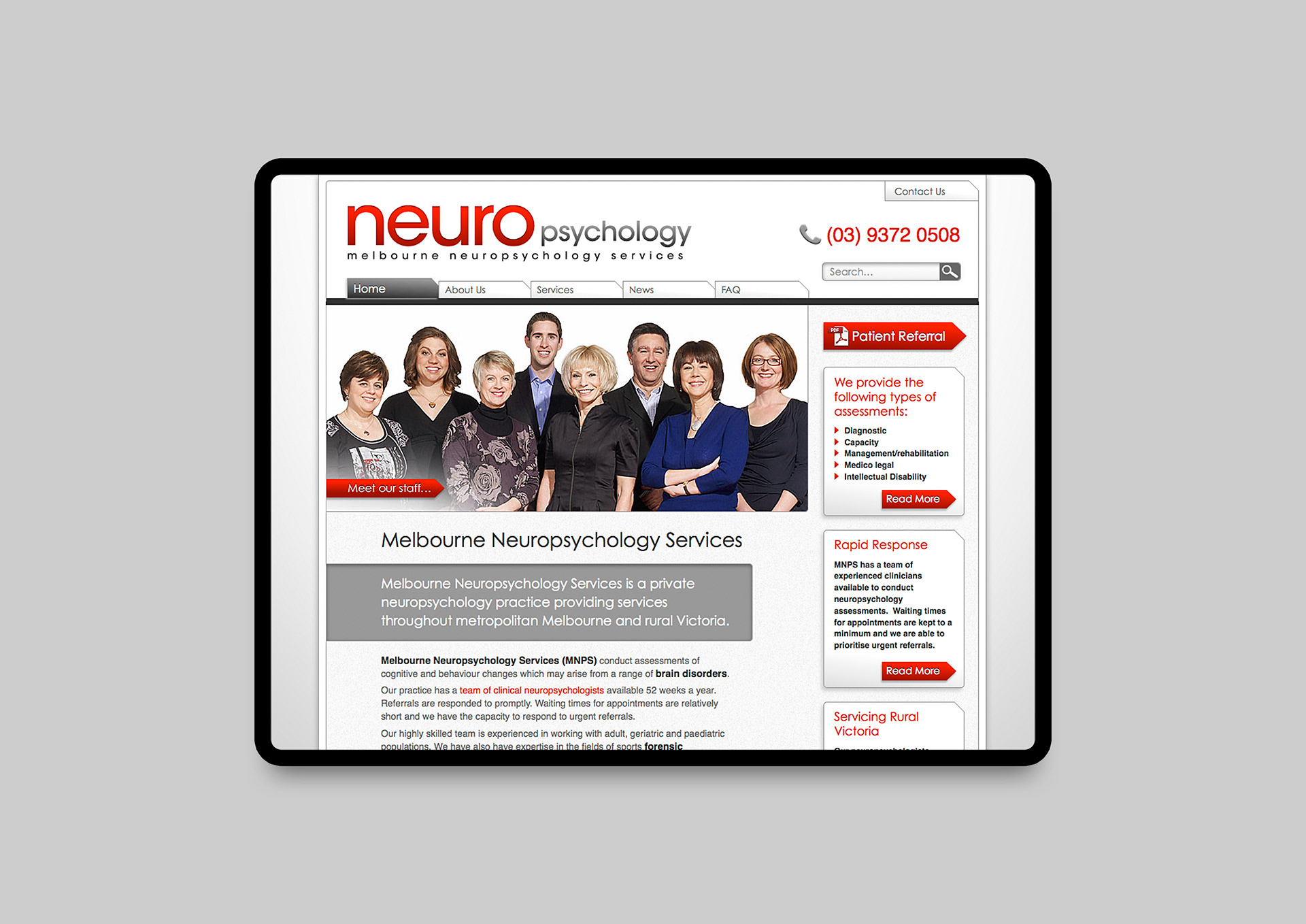 Homepage with clinic info, navigation, and referral entry points.