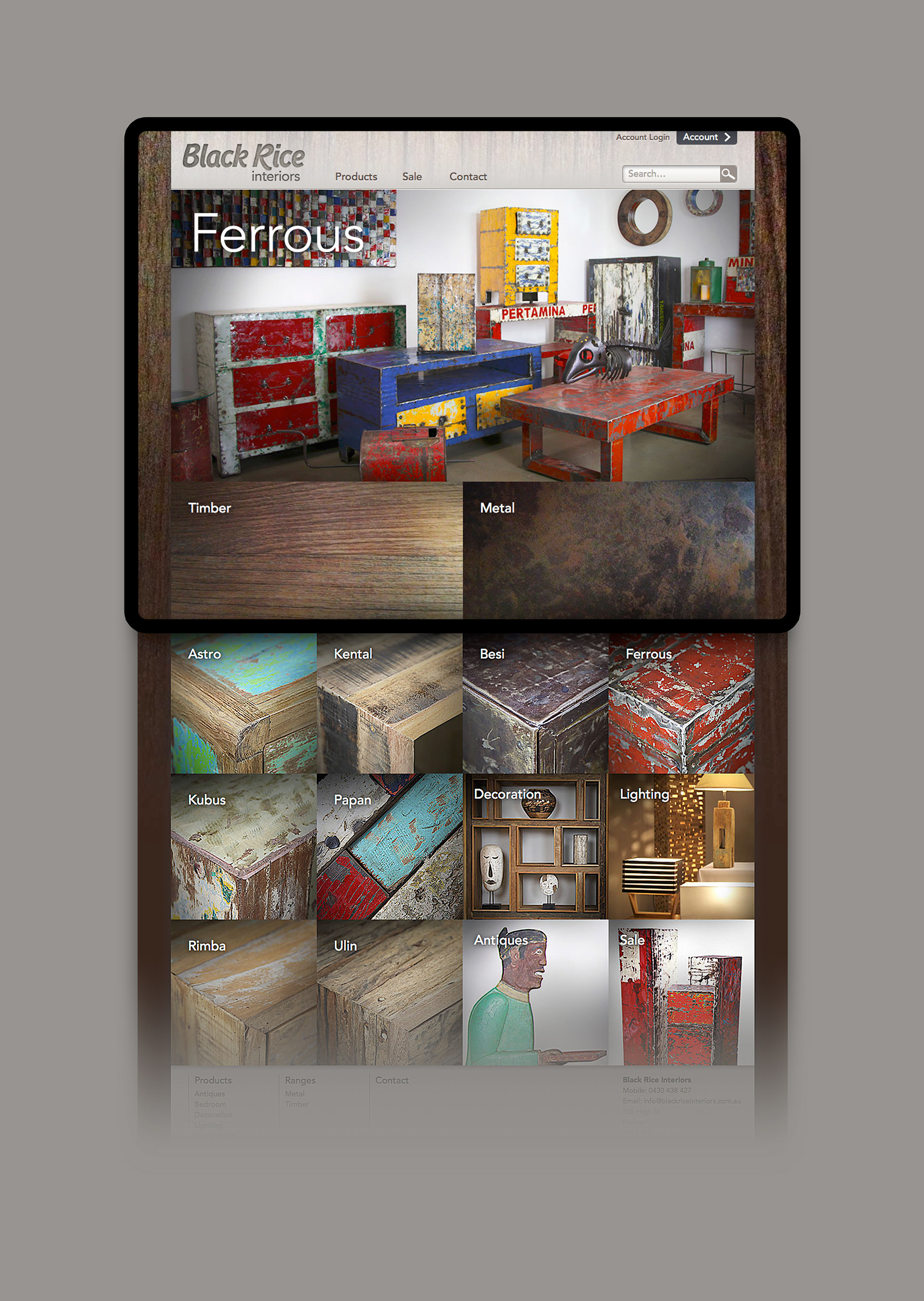 Homepage showing Metal and Timber category entry points.
