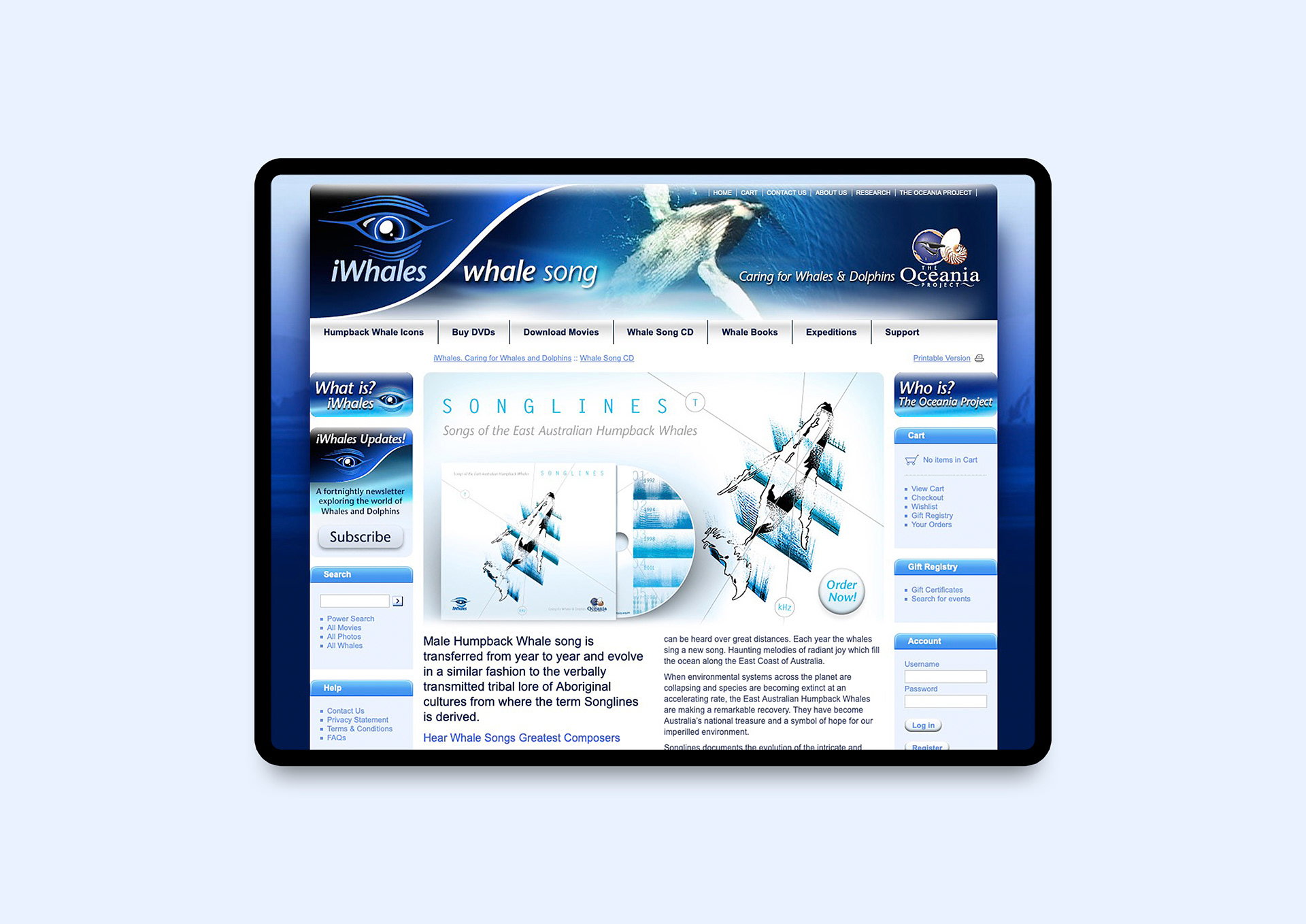 Product page for Whale Song CD with structured content and imagery.
